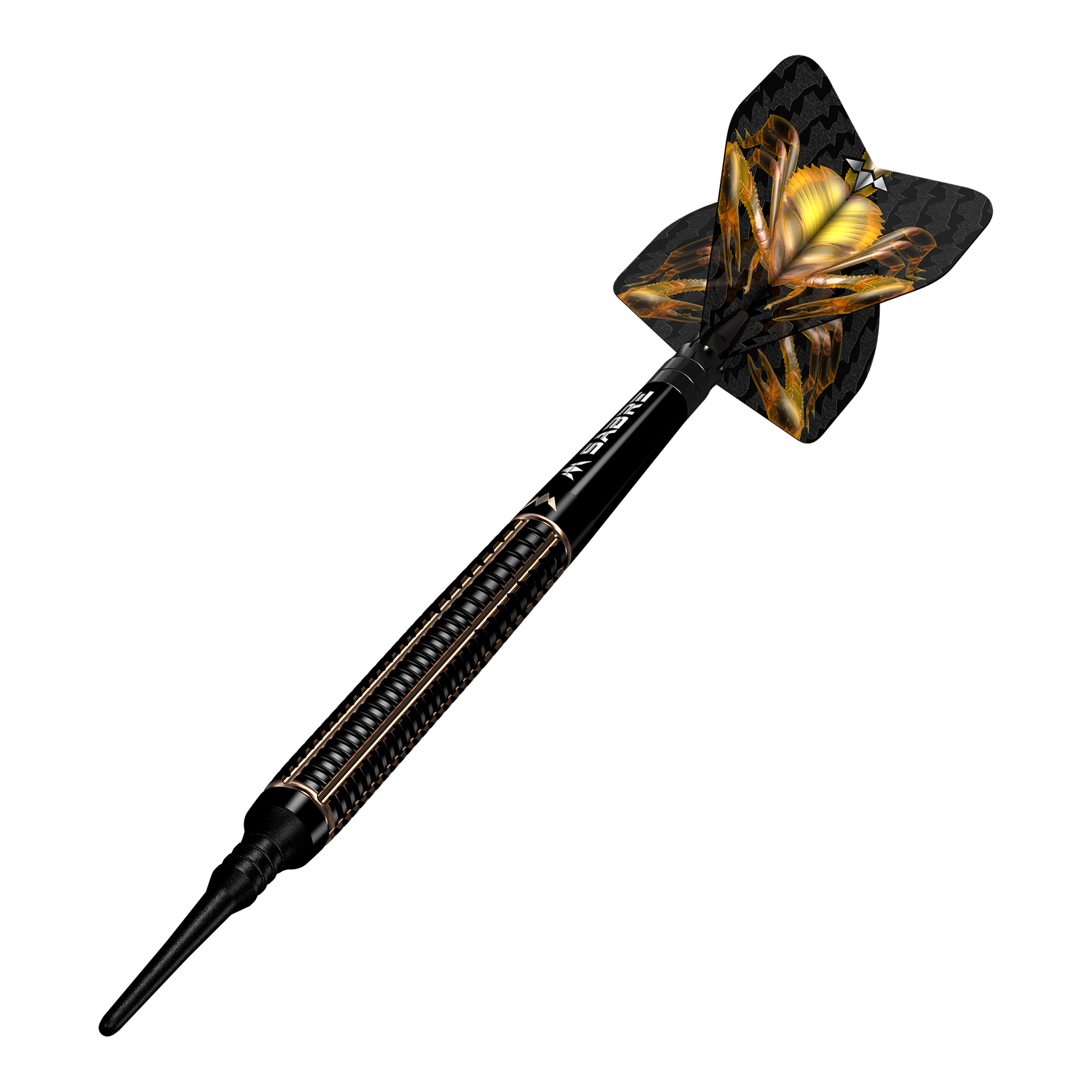 Freccette morbide Mission Scorpion - 19 g Das Bild zeigt einen Mission Scorpion Softdart mit einem Gewicht von 19 Gramm. Der Dartpfeil ist schwarz-gold gestaltet und hat ein auffälliges Flight-Design.