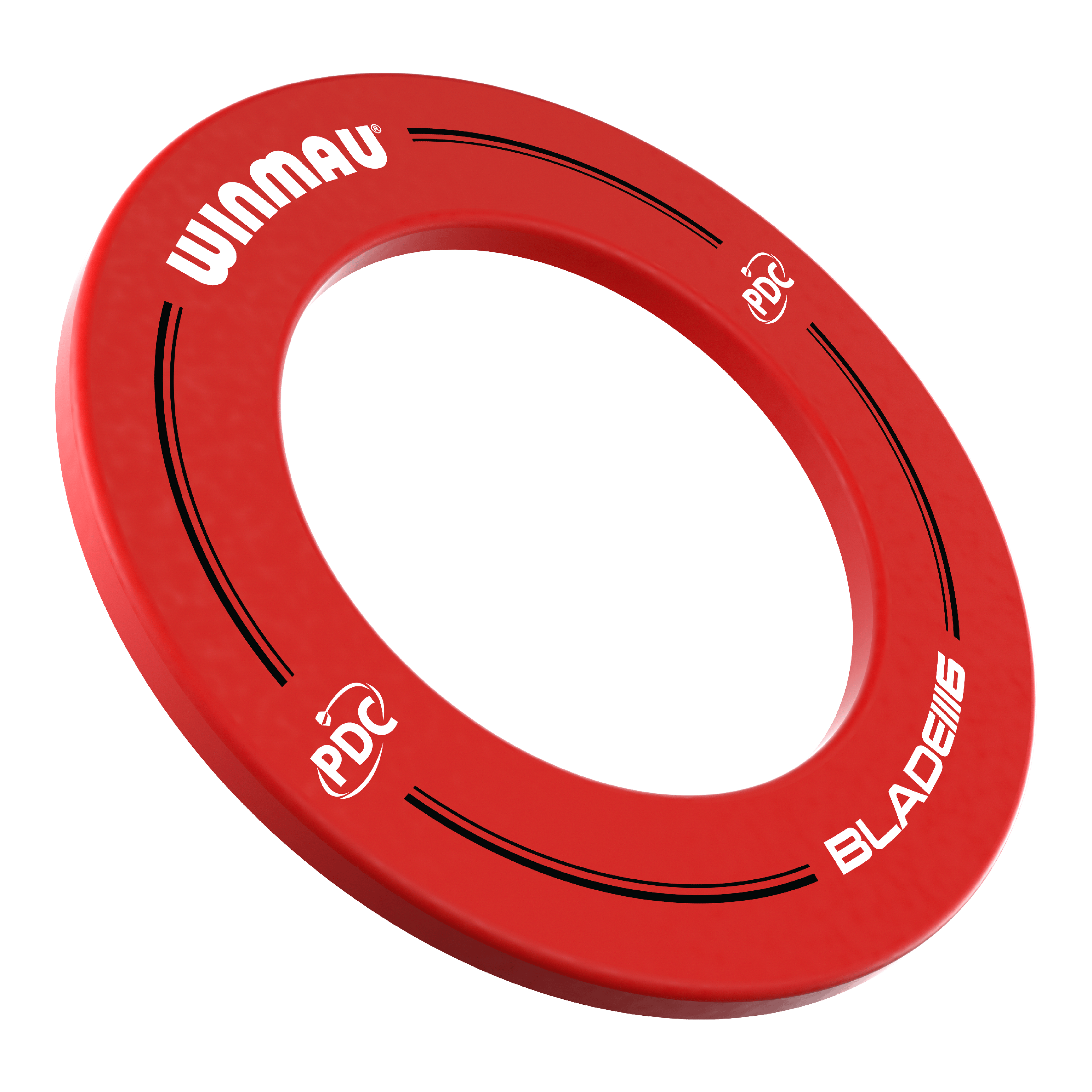 Winmau PDC Dartboard Surround - Rosso Das Bild zeigt einen roten Dartboard-Surround der Marke Winmau mit der Aufschrift „PDC“ und „BLADE 6“. Er wird verwendet, um die Wand rund um ein Dartboard vor Beschädigungen zu schützen.