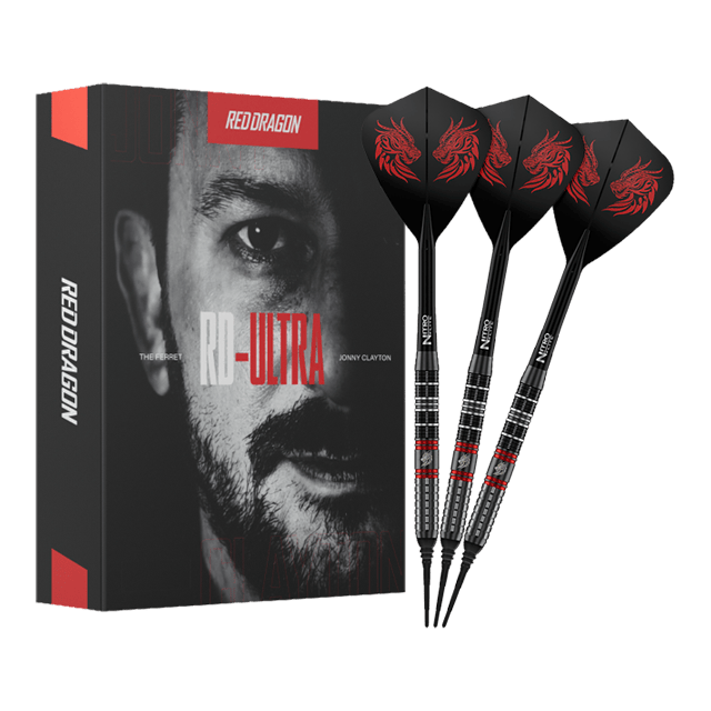 Freccette morbide Red Dragon Jonny Clayton RD-ULTRA - 18 g Zu sehen sind die Red Dragon Jonny Clayton RD-ULTRA Softdarts - 18g in voller Ansicht. Die Darts haben eine silberne Barrel, schwarze Details und leuchtende Flights.