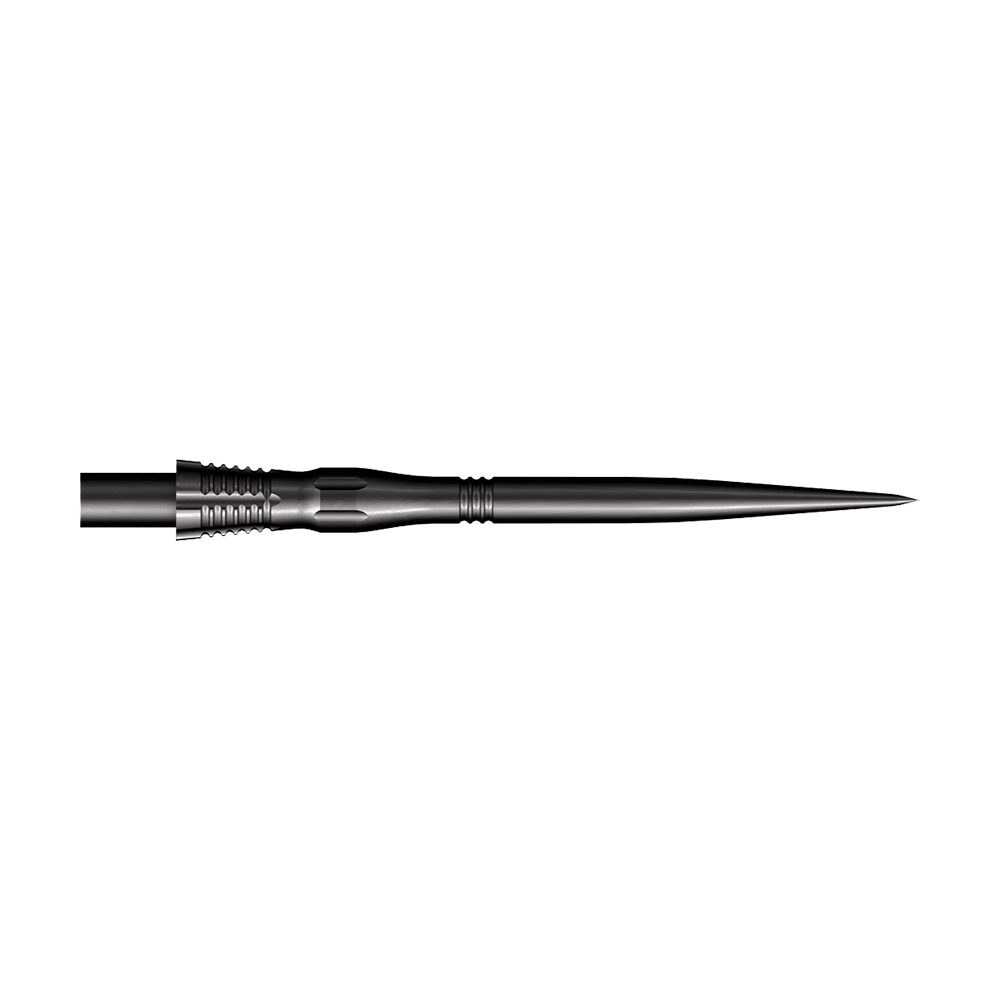 Punte per freccette in acciaio con cono a smerlo - Nero - 35 mm Das Bild zeigt eine schwarze Steeldart-Spitze mit dem Namen "Shot Cone Scallop". Die Spitze ist 35 mm lang und hat eine schlanke, gezackte Form.