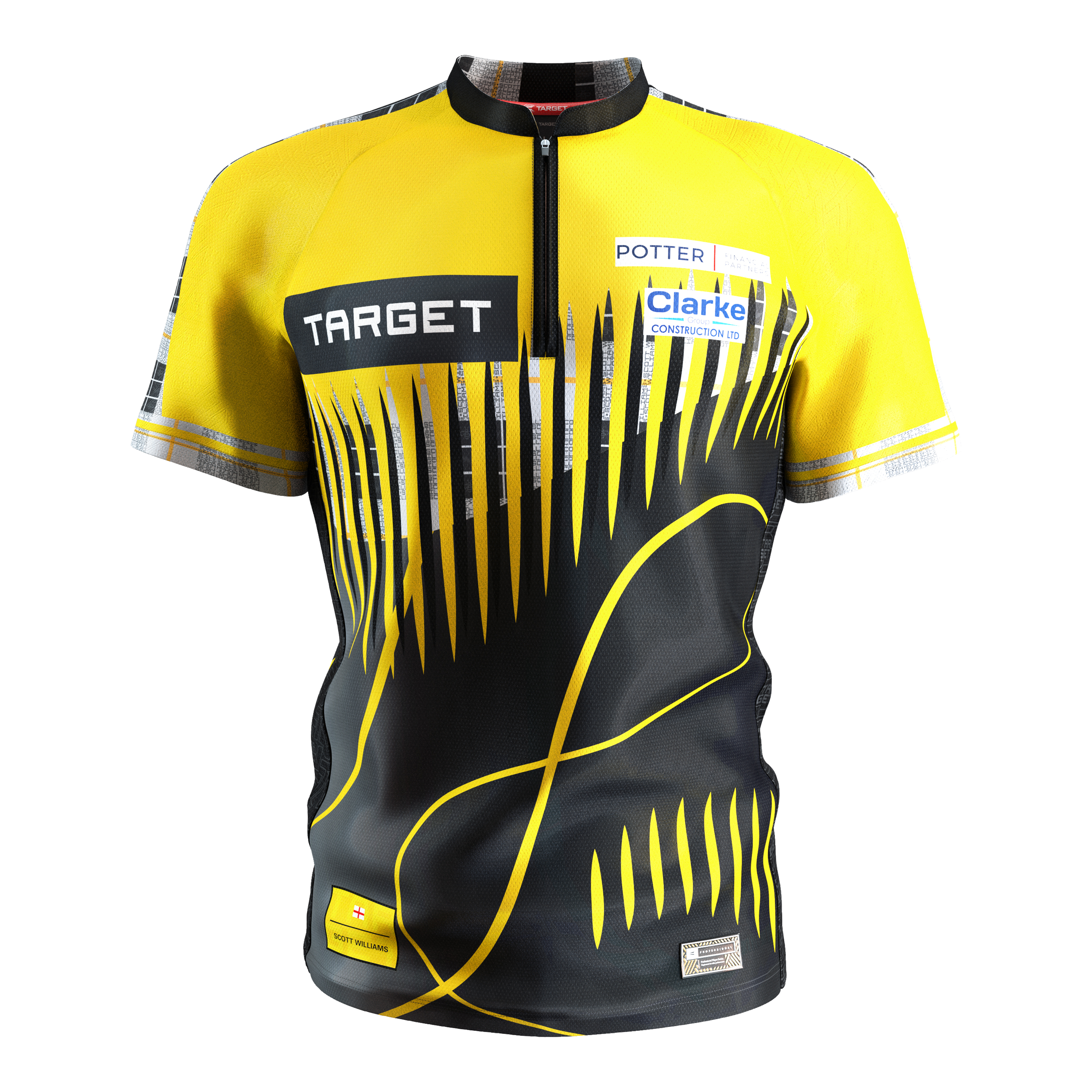 Maglietta da freccette Target Coolplay Scott Williams 2025 Das Bild zeigt ein Dartshirt in den Farben Gelb und Schwarz mit auffälligem modernem Muster. Auf dem Shirt sind mehrere Sponsorenlogos, darunter "TARGET", zu sehen.