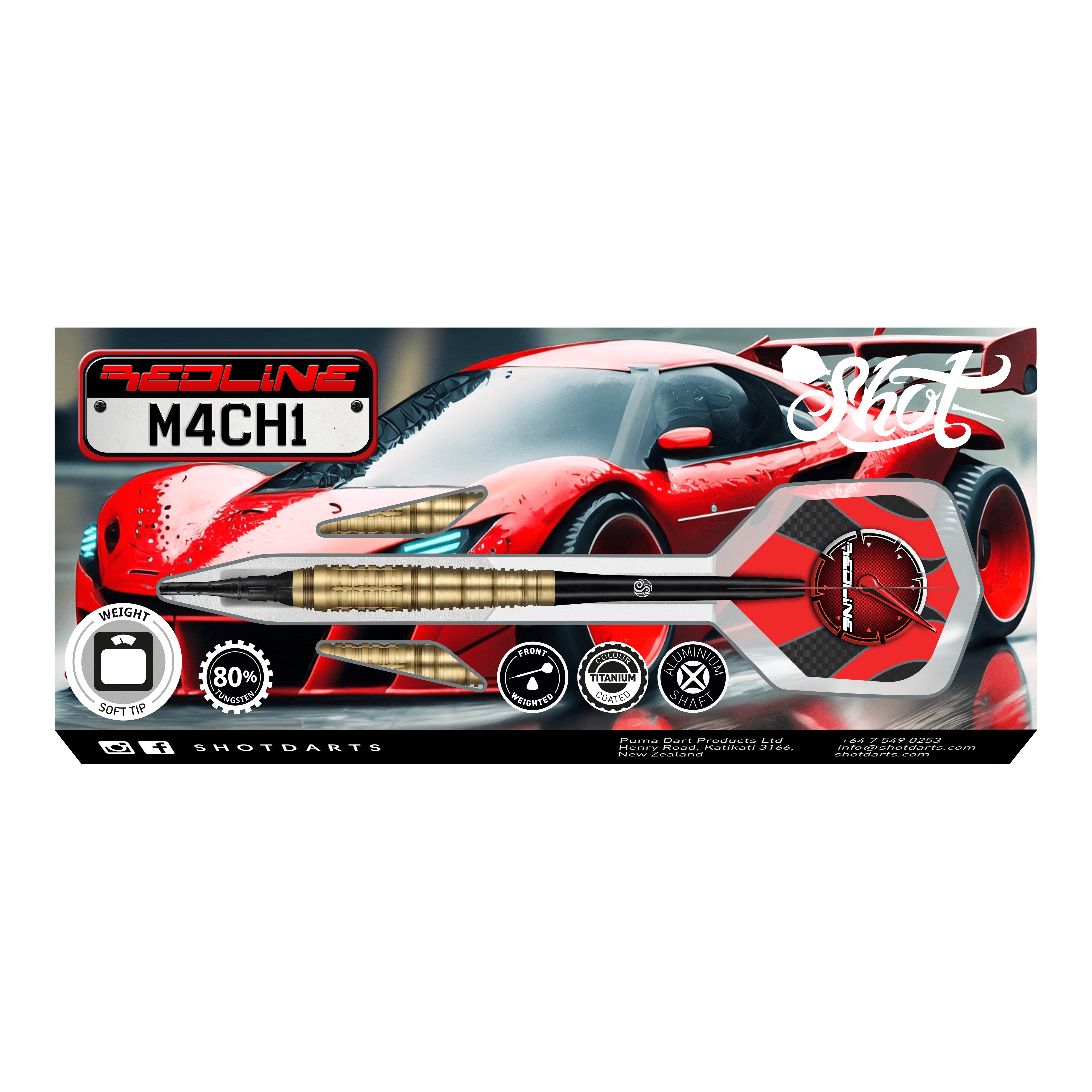 Freccette morbide Shot Redline Mach 1 - 20 g Das Bild zeigt die Verpackung der "Shot Redline Mach 1 Softdarts - 20g". Auf der Packung ist ein roter Sportwagen zusammen mit einem abgebildeten Softdart-Pfeil zu sehen.
