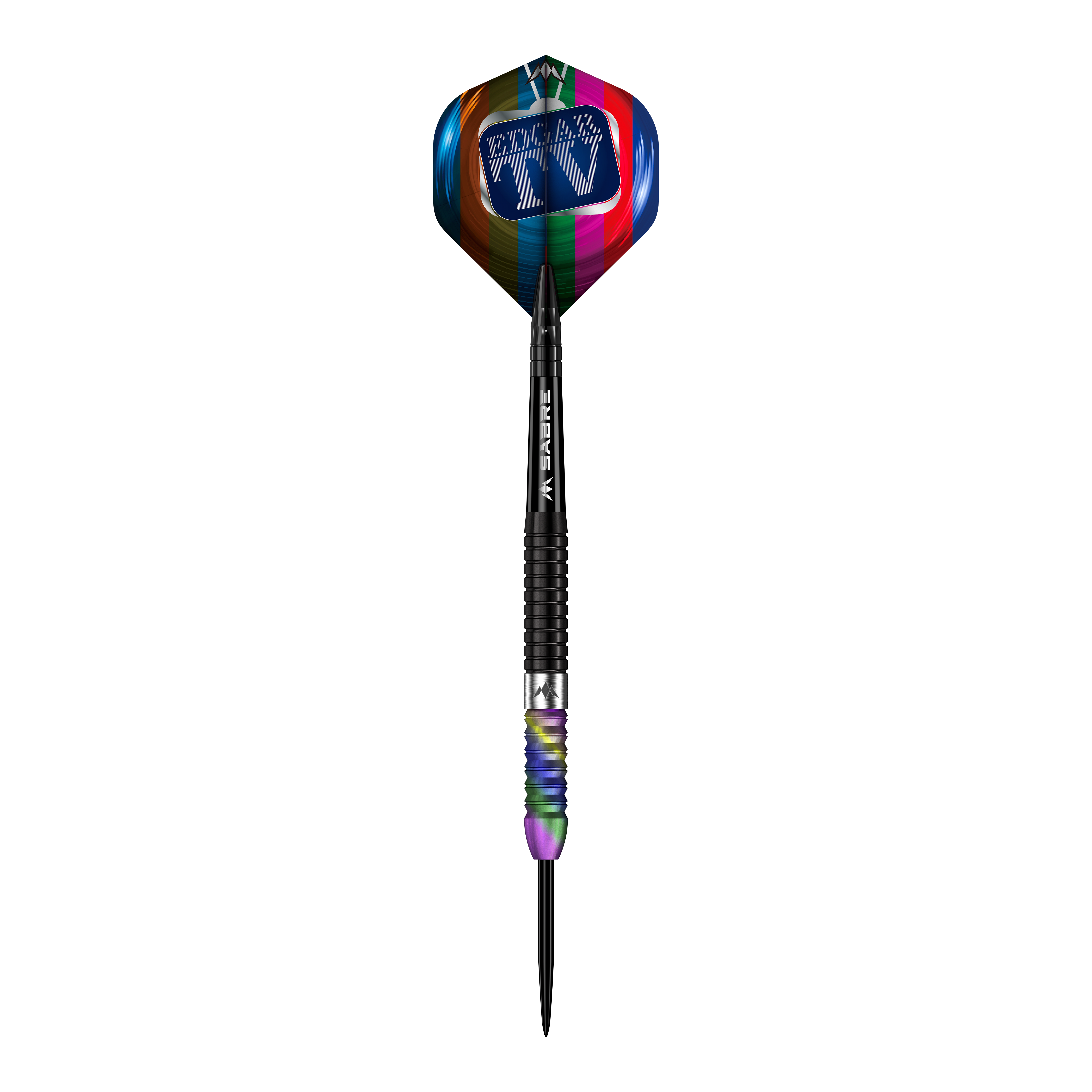 Missione Matt Edgar Steeldarts Das Bild zeigt einen Steeldart mit dem Namen "Mission Matt Edgar Steeldarts". Der Dart hat einen bunten Flight mit der Aufschrift "EDGAR TV" und ein schwarz-geriffeltes Barrel.