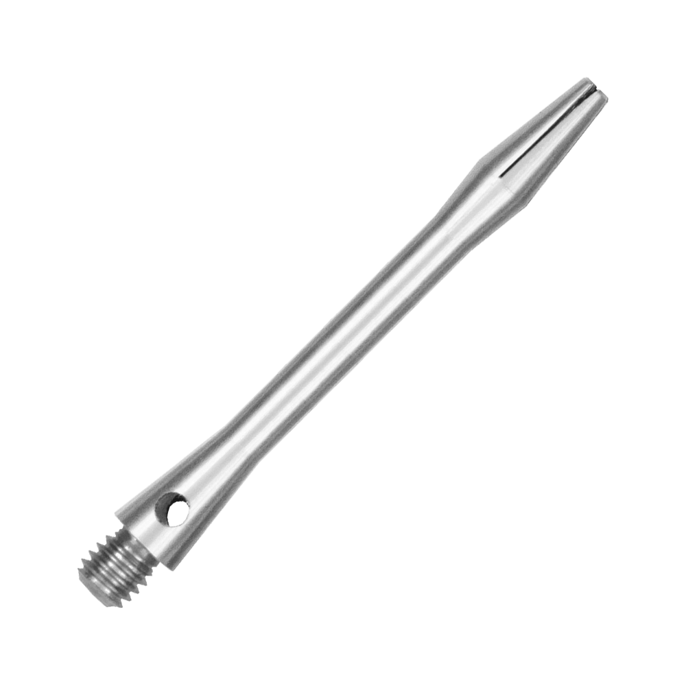 519_Aluminium_Shafts_Silber_46mm_2 Das Bild zeigt einen Aluminium-Schaft in silberner Farbe. Der Schaft hat ein Gewinde an einem Ende und ist schlank und glatt verarbeitet.