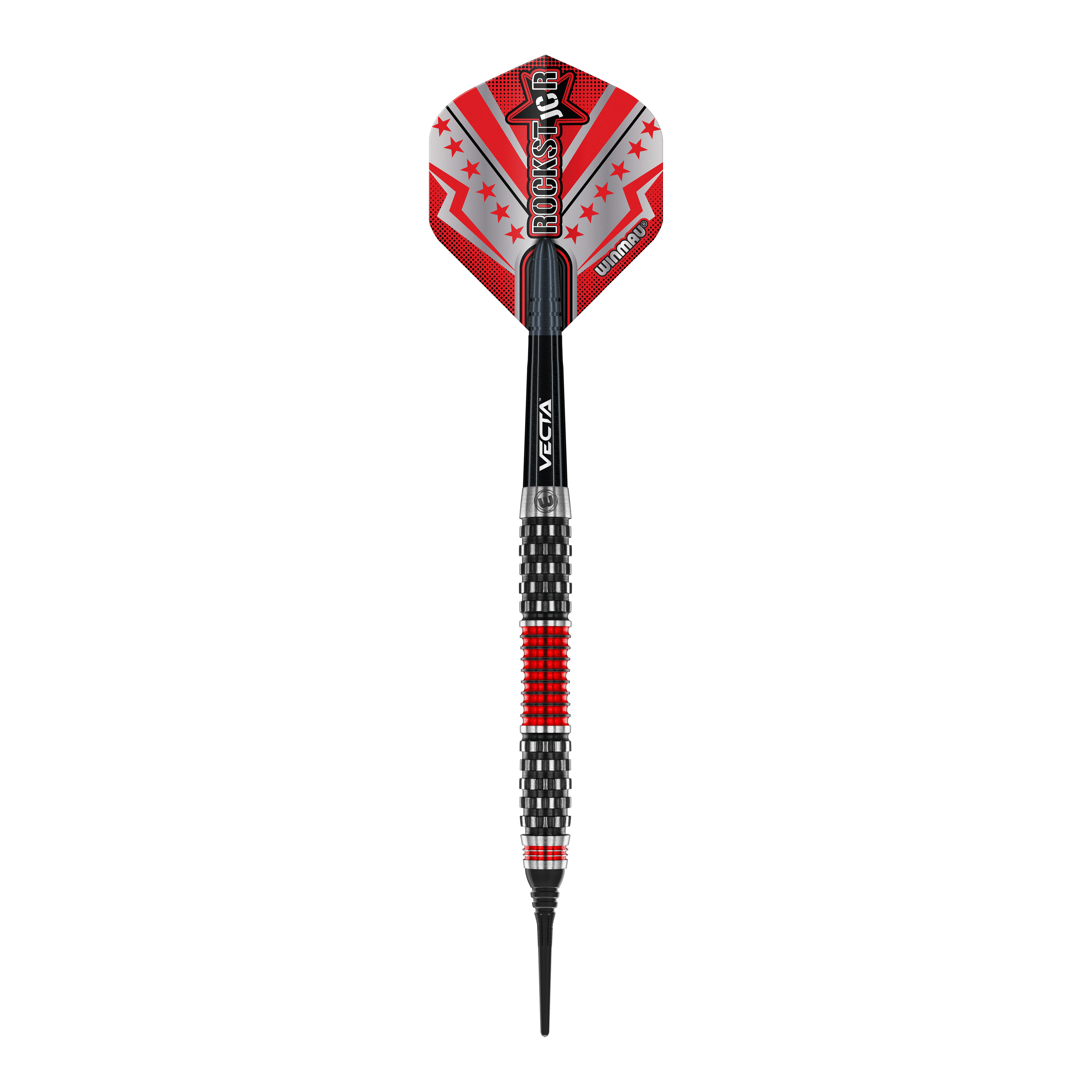 Freccette morbide Winmau Joe Cullen Rockstar Series RS1 - 20 g Dieses Bild zeigt einen Winmau Joe Cullen Rockstar Series RS1 Softdart mit einem Gewicht von 20g. Der Dart ist schwarz und rot gestaltet und hat einen auffälligen Flights mit dem Aufdruck "Rockstar".