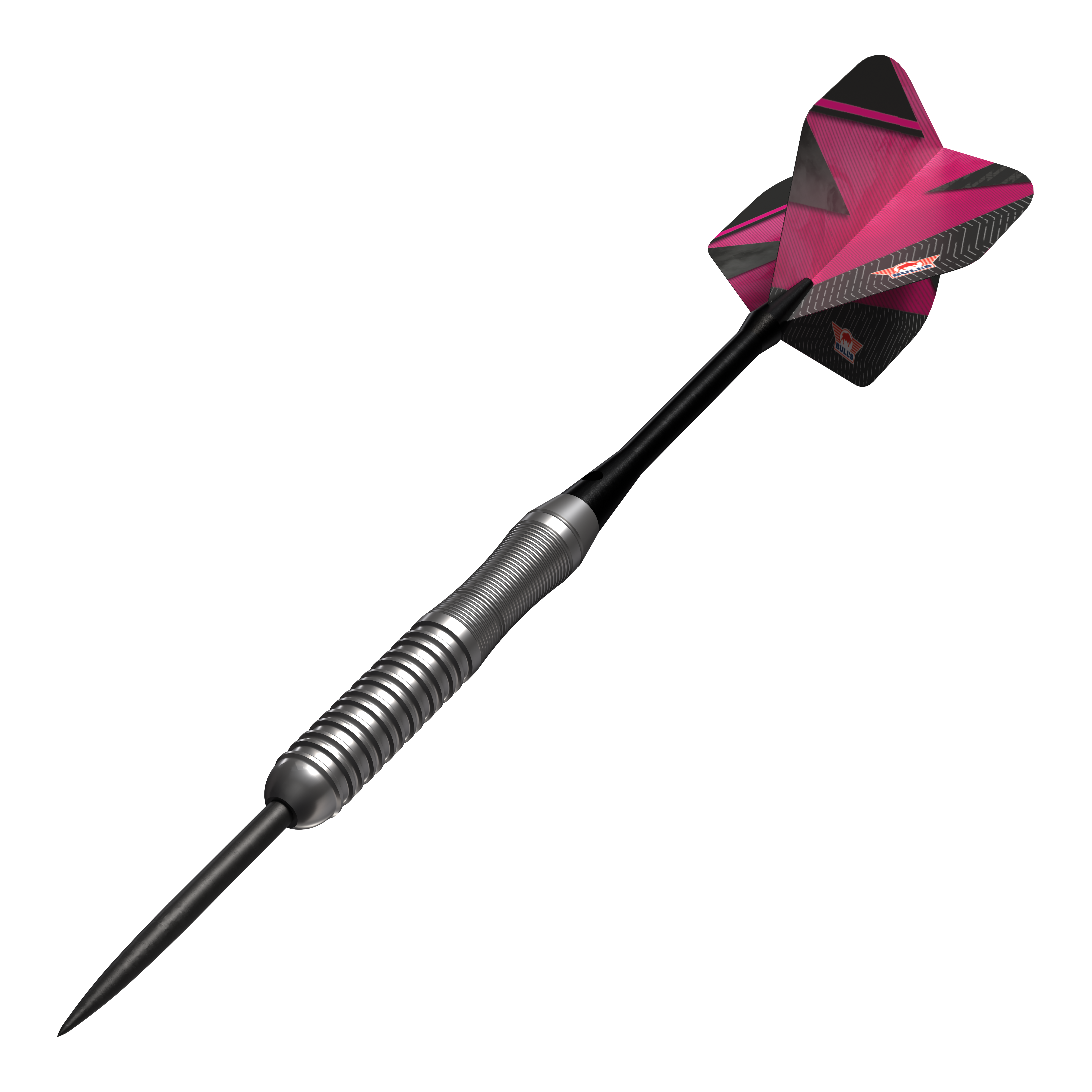 Freccette in acciaio Bulls NL Lightning Pink Das Bild zeigt einen Steeldartpfeil mit silbernem Griff und einer pink-schwarzen Flights. Es handelt sich um das Produkt "Bulls NL Lightning Pink Steeldarts".