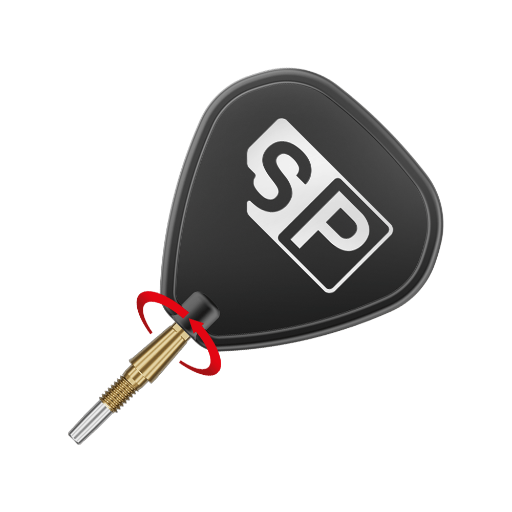 Punte per freccette in acciaio Target Swiss Point Storm Surge - oro Auf dem Bild ist eine goldene Dartspitze mit einem schwarzen Flight zu sehen, auf dem die Buchstaben "SP" abgebildet sind. Um die Spitze ist ein roter Pfeil, der eine Drehbewegung anzeigt.