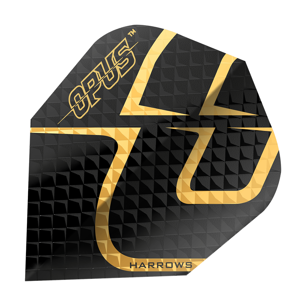 Voli della versione 2 dell'Opus di Harrow Das Bild zeigt das Produkt "Harrows Opus Version 2 Flights". Die Darts-Flight ist schwarz mit einem goldenen Muster und dem Schriftzug "OPUS" und "HARROWS".