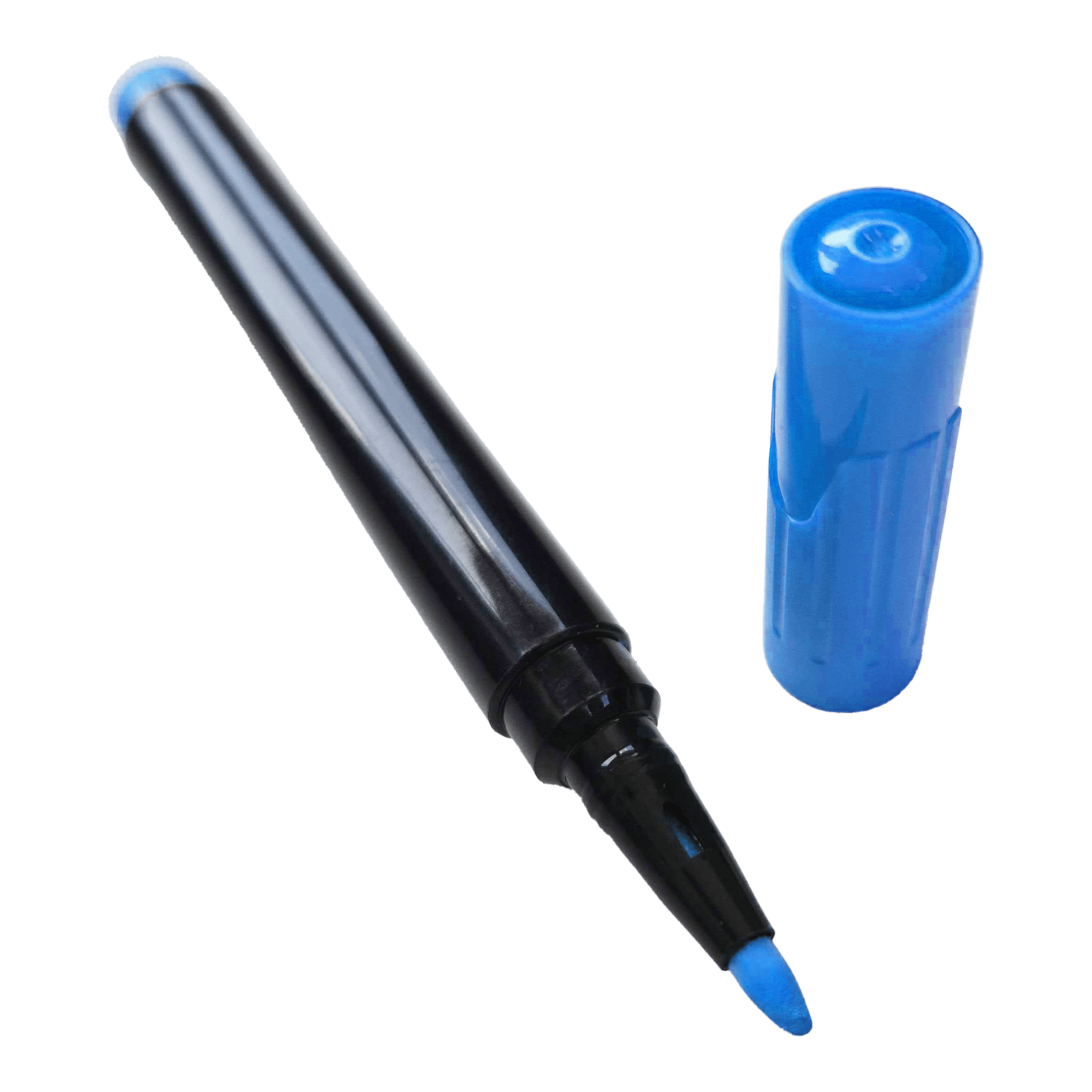 Segnaposto Auf dem Bild ist ein blauer Boardmarker mit abgenommener Kappe zu sehen. Die Spitze des Markers ist ebenfalls blau.