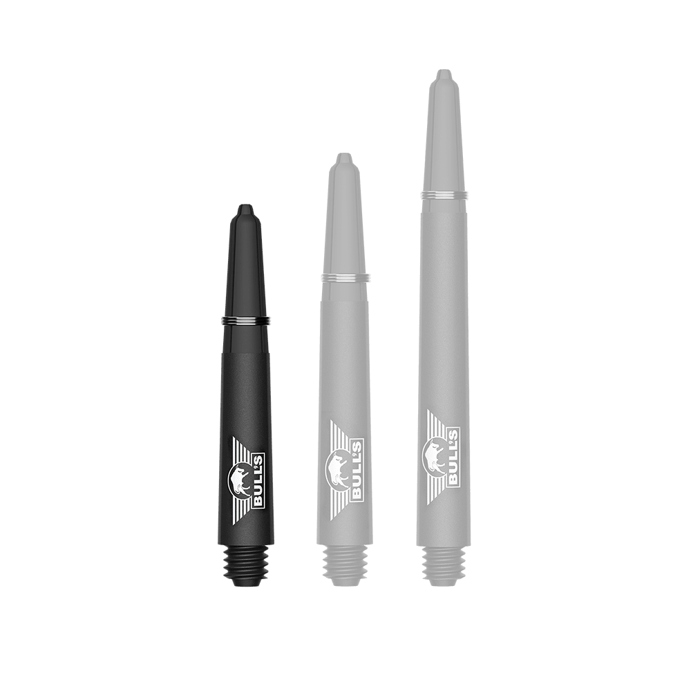 Aste in carbonio Bulls NL Capo - Nere Ein Bild mit dem Dateinamen BU55340_BullsNL_Capo_Carbon_Shafts_Schwarz_Short_34mm_1. Zu sehen ist wahrscheinlich ein kurzer schwarzer Carbon-Shaft für Darts.