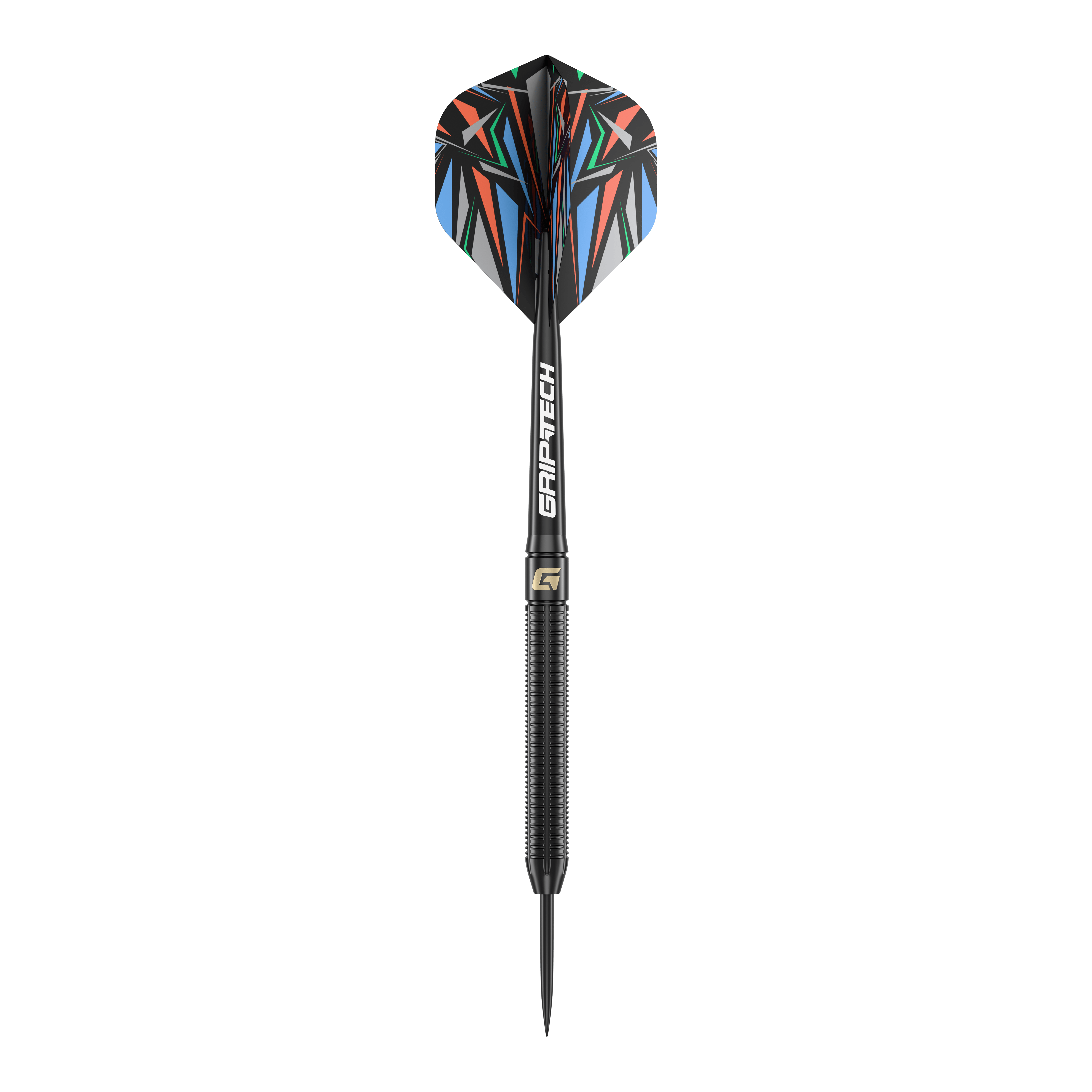 Freccette in acciaio GOAT Athlete in ottone nero - 13 g Das Bild zeigt einen GOAT Athlete Black Brass Steeldart mit einem Gewicht von 13g. Der Dart hat eine schwarze, gerändelte Spitze und bunte Flights mit geometrischem Muster.