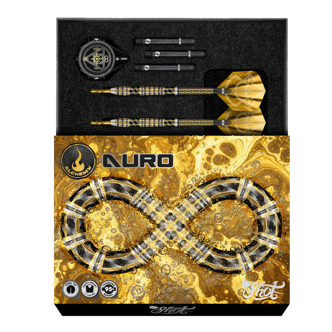 Hier sieht man die Shot Alchemy Auro Steeldarts. Die Steeldarts werden detailliert und aus einer besonderen Perspektive dargestellt.