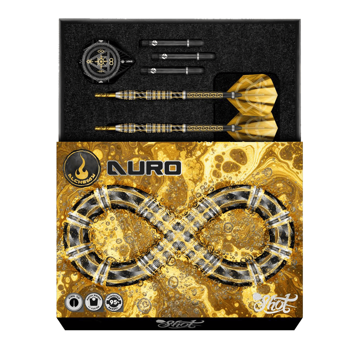 Freccette d'acciaio Shot Alchemy Auro Hier sieht man die Shot Alchemy Auro Steeldarts. Die Steeldarts werden detailliert und aus einer besonderen Perspektive dargestellt.