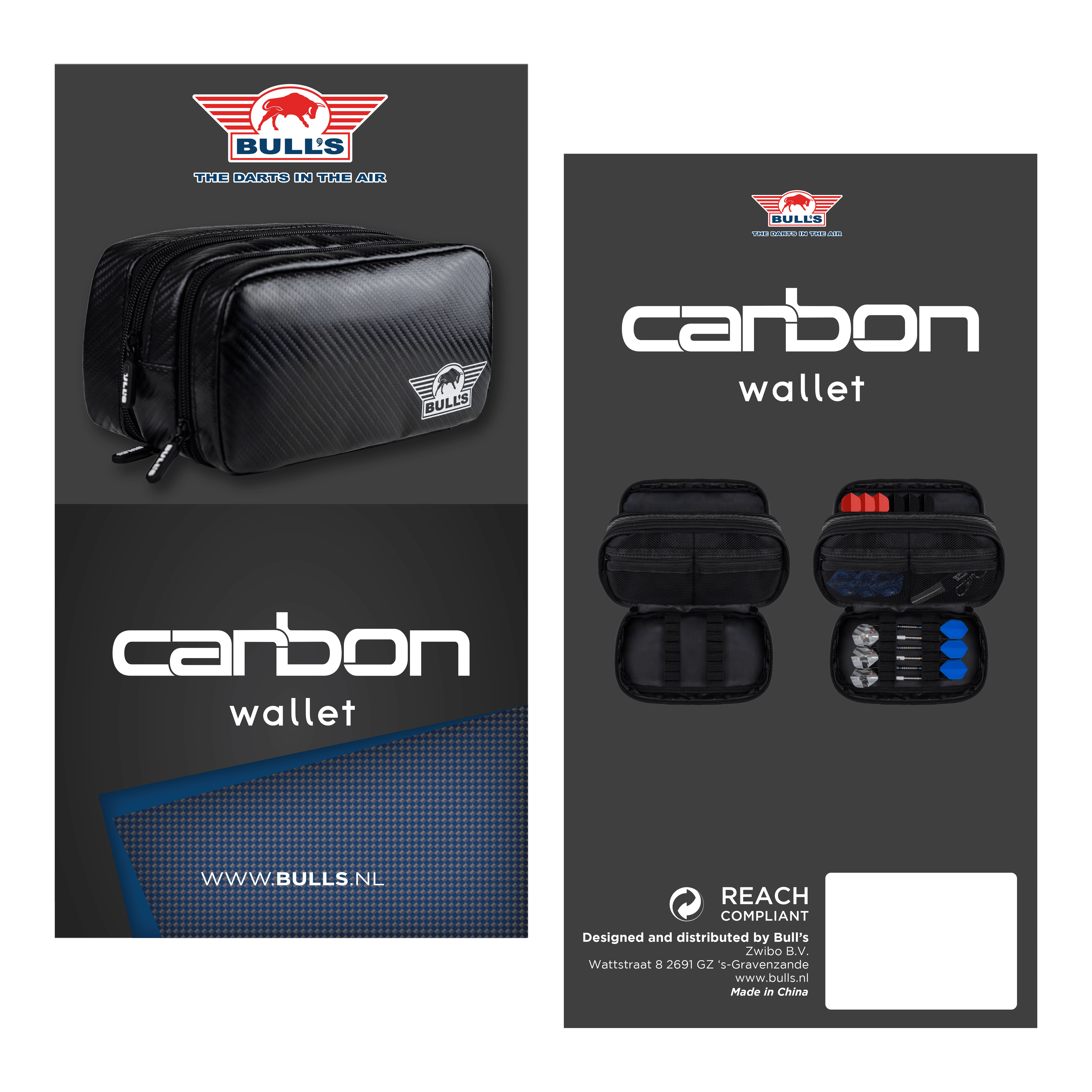 Portafoglio in carbonio Bulls NL Auf dem Foto ist das Bulls NL Carbon Wallet zu sehen. Es handelt sich um ein hochwertiges Dart-Accessoire zur Aufbewahrung.