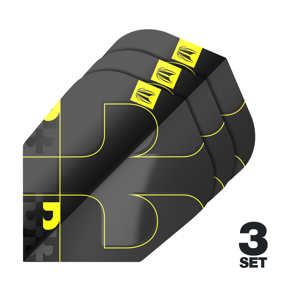 Target ProUltra Bolide Void No6 Flights Das Bild zeigt das Produkt "Target ProUltra Bolide Void No6 Flights" in einer schwarzen und gelben Farbkombination. Es sind drei Sets der Flights abgebildet.