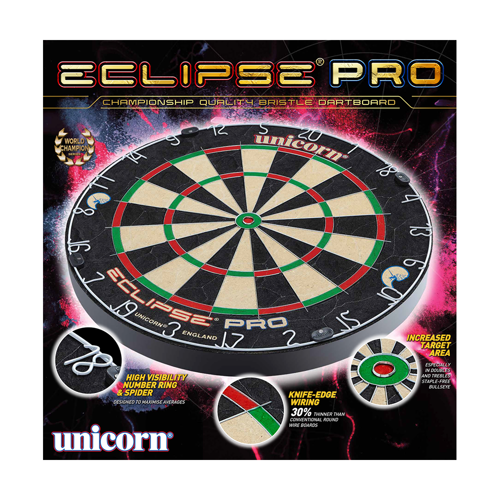 Bersaglio per freccette Unicorn Eclipse Pro Das Bild zeigt das Produkt "Unicorn Eclipse Pro Dartboard". Es handelt sich um eine professionelle Dartscheibe mit erhöhter Zielgenauigkeit und spezieller Draht-Technologie.