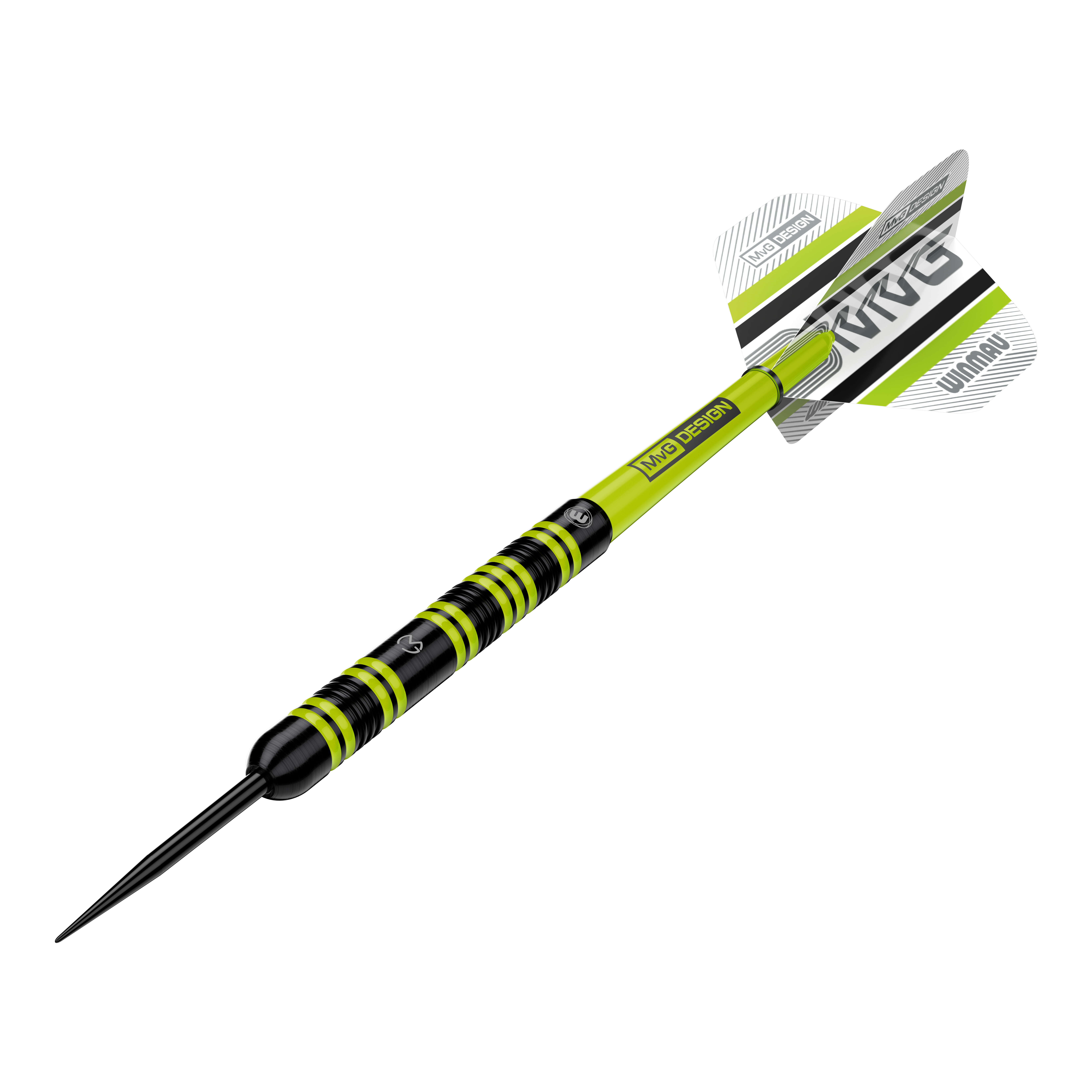 Freccette in acciaio Winmau Michael Van Gerwen 85 Pro-Series Das Bild zeigt einen Winmau Michael Van Gerwen 85 Pro-Series Steeldart. Der Dart hat ein auffälliges Design mit schwarzen und leuchtend grünen Akzenten sowie einem MVG-Logo auf den Flights.
