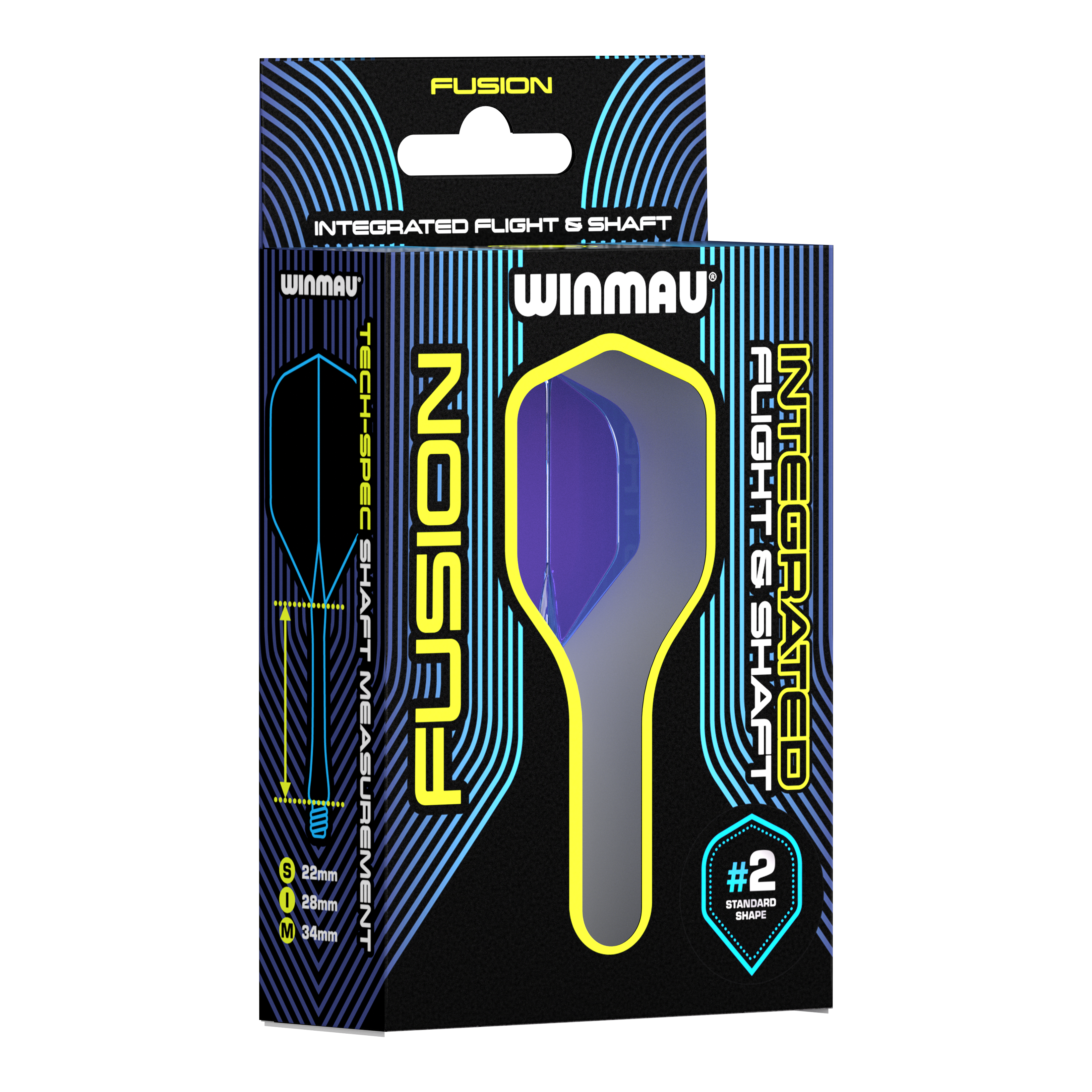 Sistema di alberi di volo Winmau Fusion Standard Blu Auf dem Bild ist eine Verpackung des Winmau Fusion Integrated Flight & Shaft Systems zu sehen. Die abgebildete Variante ist blau und hat eine Länge von 22 mm (#2 Standardform).