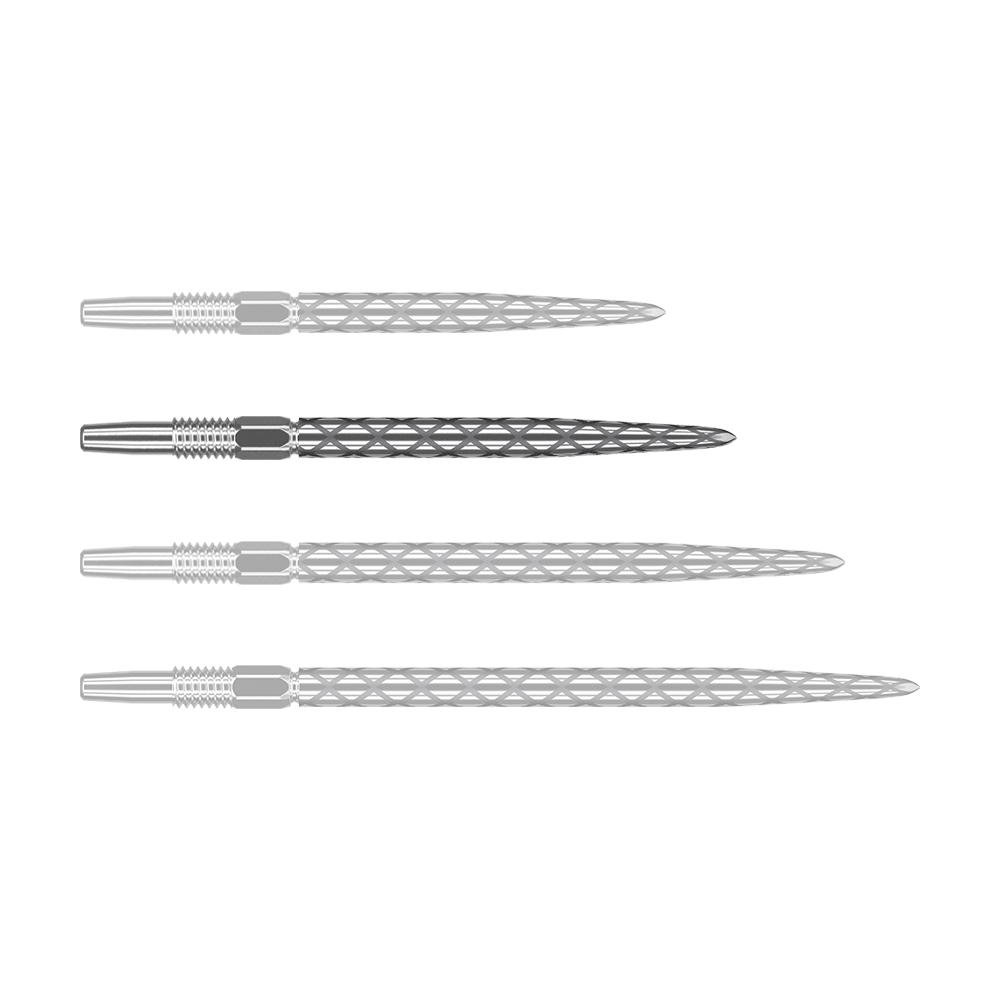 Punte per freccette Target Swiss Diamond Pro Silver Points Auf dem Bild sind vier silberne Dartspitzen in einer Reihe zu sehen. Sie haben ein markantes Rautenmuster auf der Oberfläche.