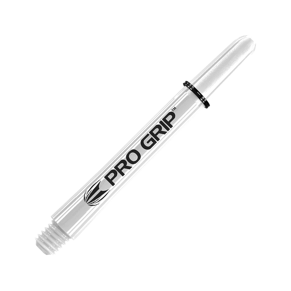 Target Pro Grip Shafts - 3 set - Bianco Dies ist ein weißer Pro Grip Dart-Schaft mit schwarzer Beschriftung. Er hat ein schlankes Design und ist mit einem Pro Grip Logo versehen.
