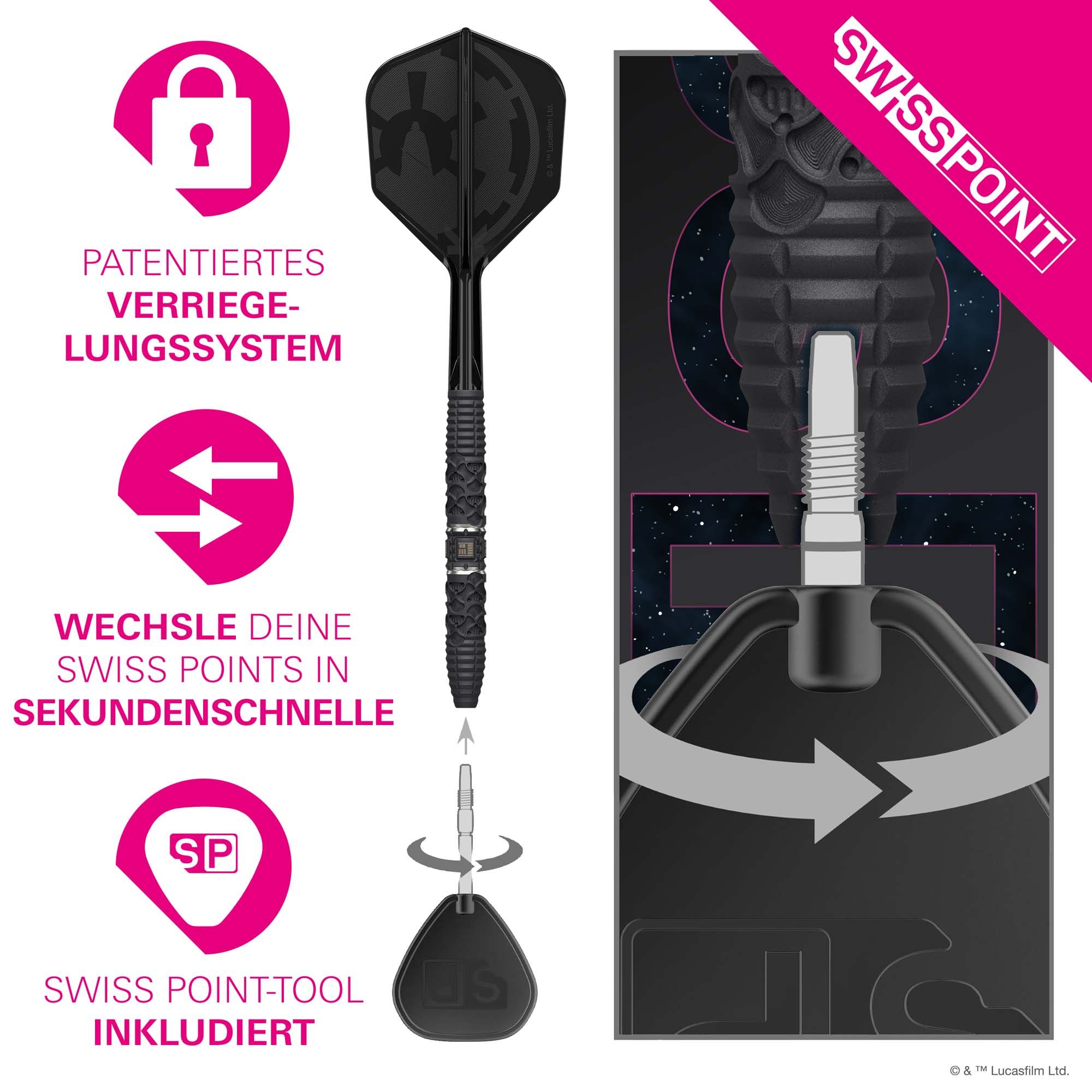 Target Star Wars Darth Vader 95 freccette in acciaio con punta svizzera Dieses Bild zeigt die Target Star Wars Darth Vader 95 Swiss Point Steeldarts. Die Darts sind im Star Wars Design mit Darth Vader-Motiv gestaltet.