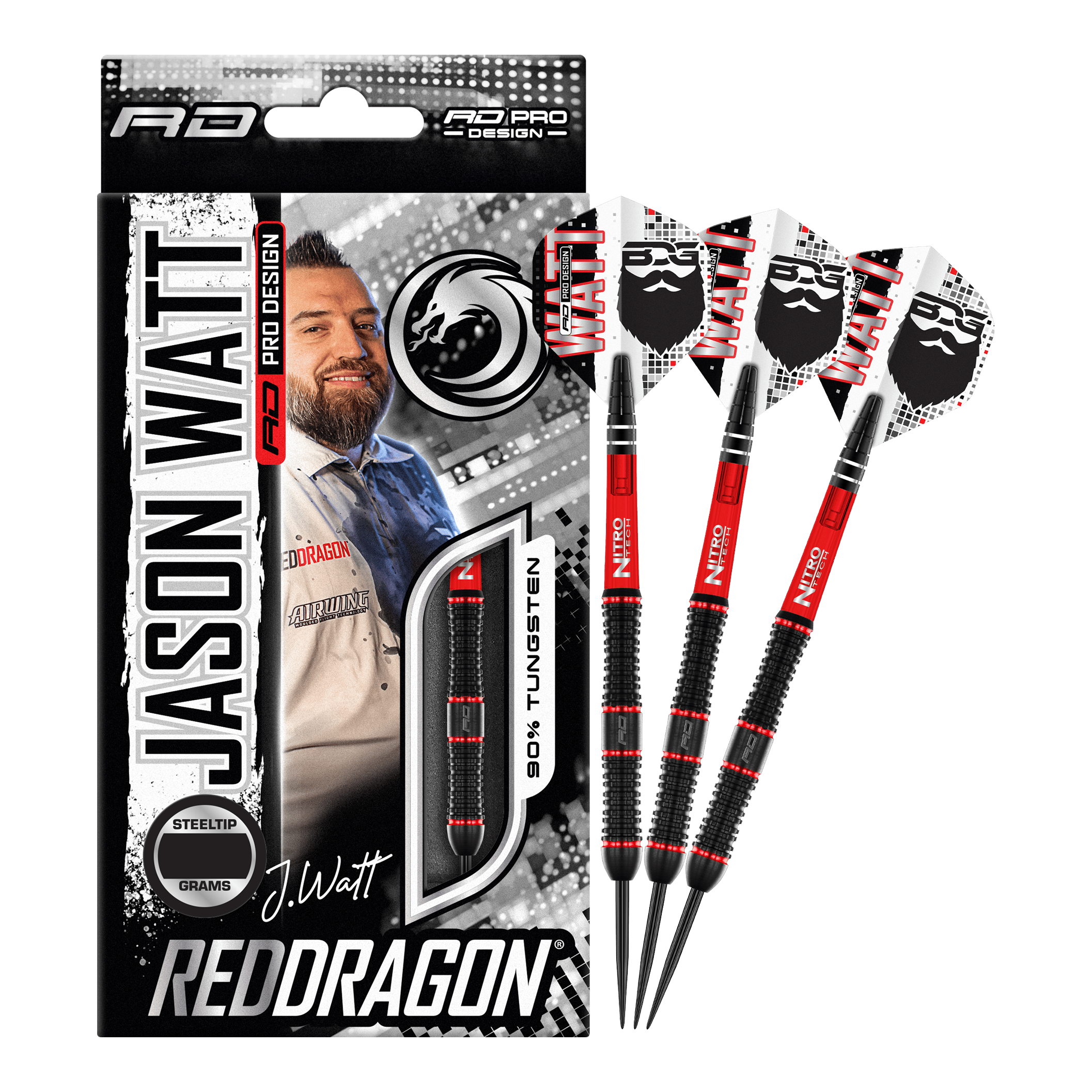 Freccette in acciaio Red Dragon Jason Watt - 22 g Das Bild zeigt das Produkt "Red Dragon Jason Watt Steeldarts - 22g" in seiner Verpackung. Rechts daneben sind drei Steeldarts mit schwarzem und rotem Design zu sehen.