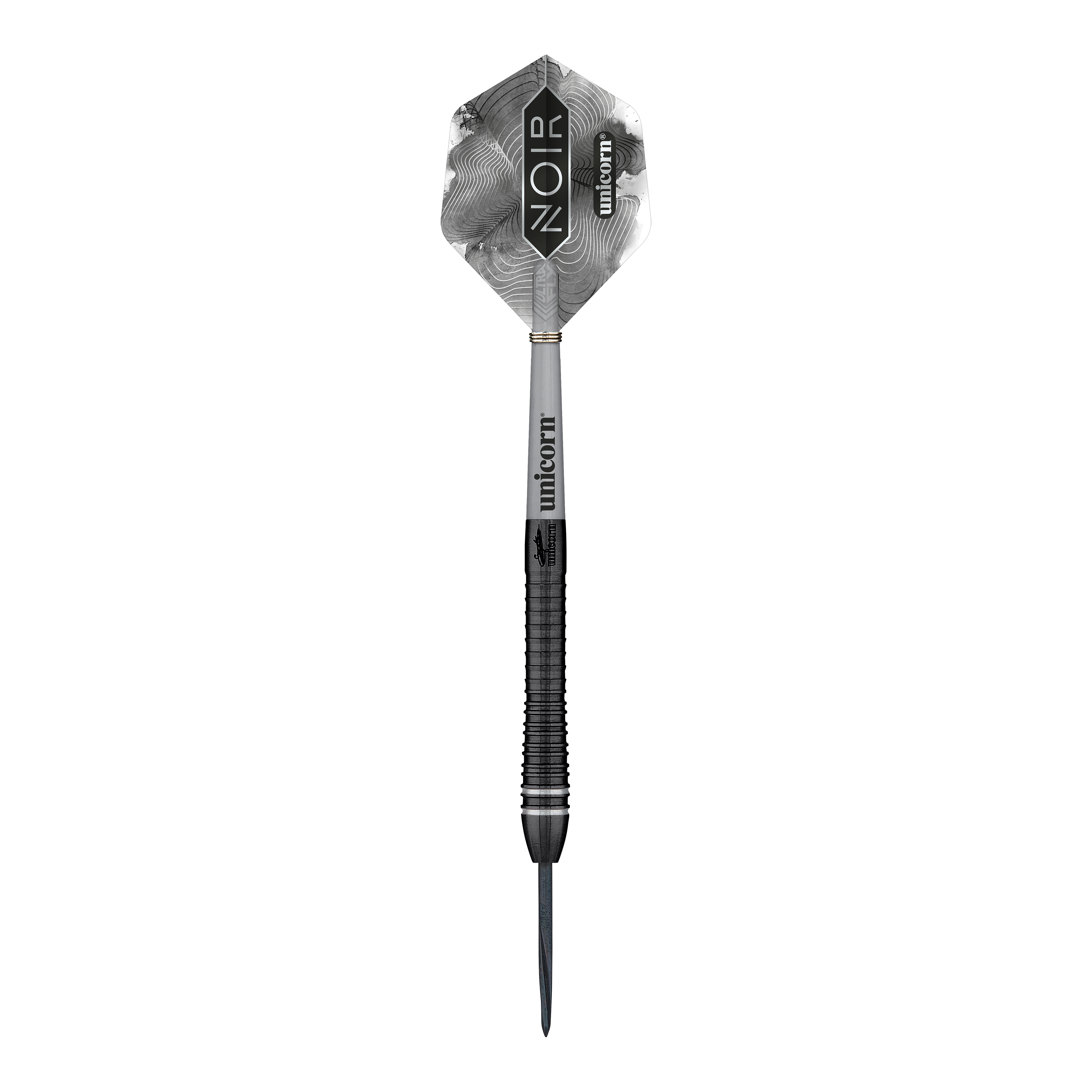 Campione del mondo Unicorn Gary Anderson Noir Fase 6 Steeldarts Das Bild zeigt einen Steeldart der Marke Unicorn, Modell "World Champion Gary Anderson Noir Phase 6". Der Dart ist überwiegend schwarz und silber und trägt die Aufschrift "NOIR" auf dem Flight.