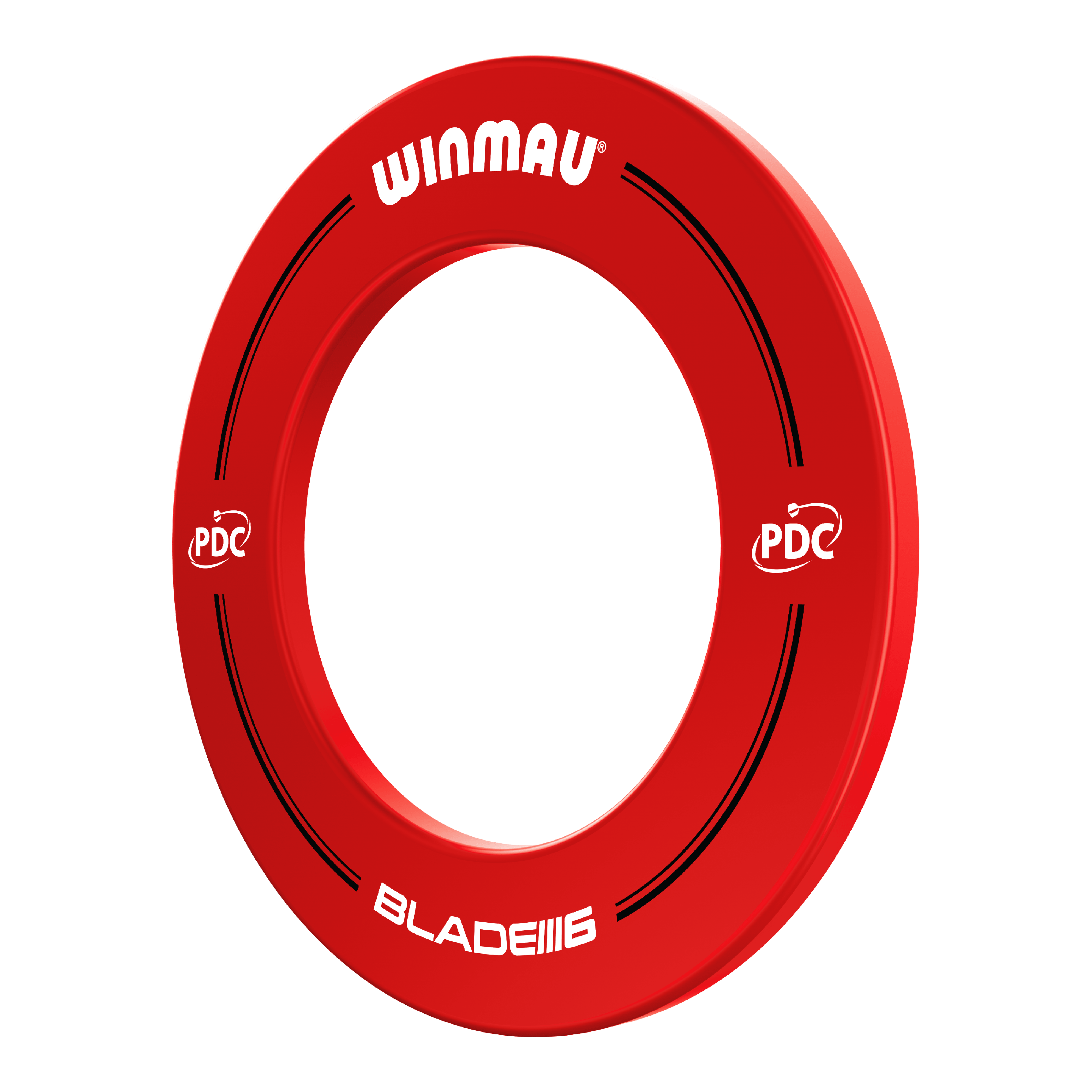 Das Bild zeigt einen roten Winmau PDC Dartboard Surround. Auf dem Ring stehen die Wörter "Winmau", "PDC" und "Blade 6".