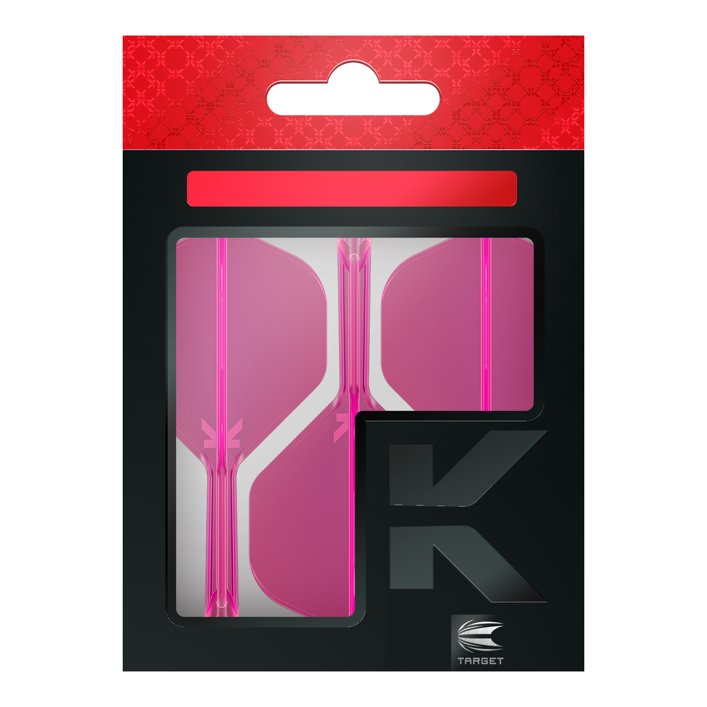Target K-Flex No2 Standard Flight System - Rosa neon Das Bild zeigt eine Packung mit pinkfarbenen Dart-Flights der Marke Target. Die Verpackung ist überwiegend schwarz mit einem roten oberen Abschnitt.