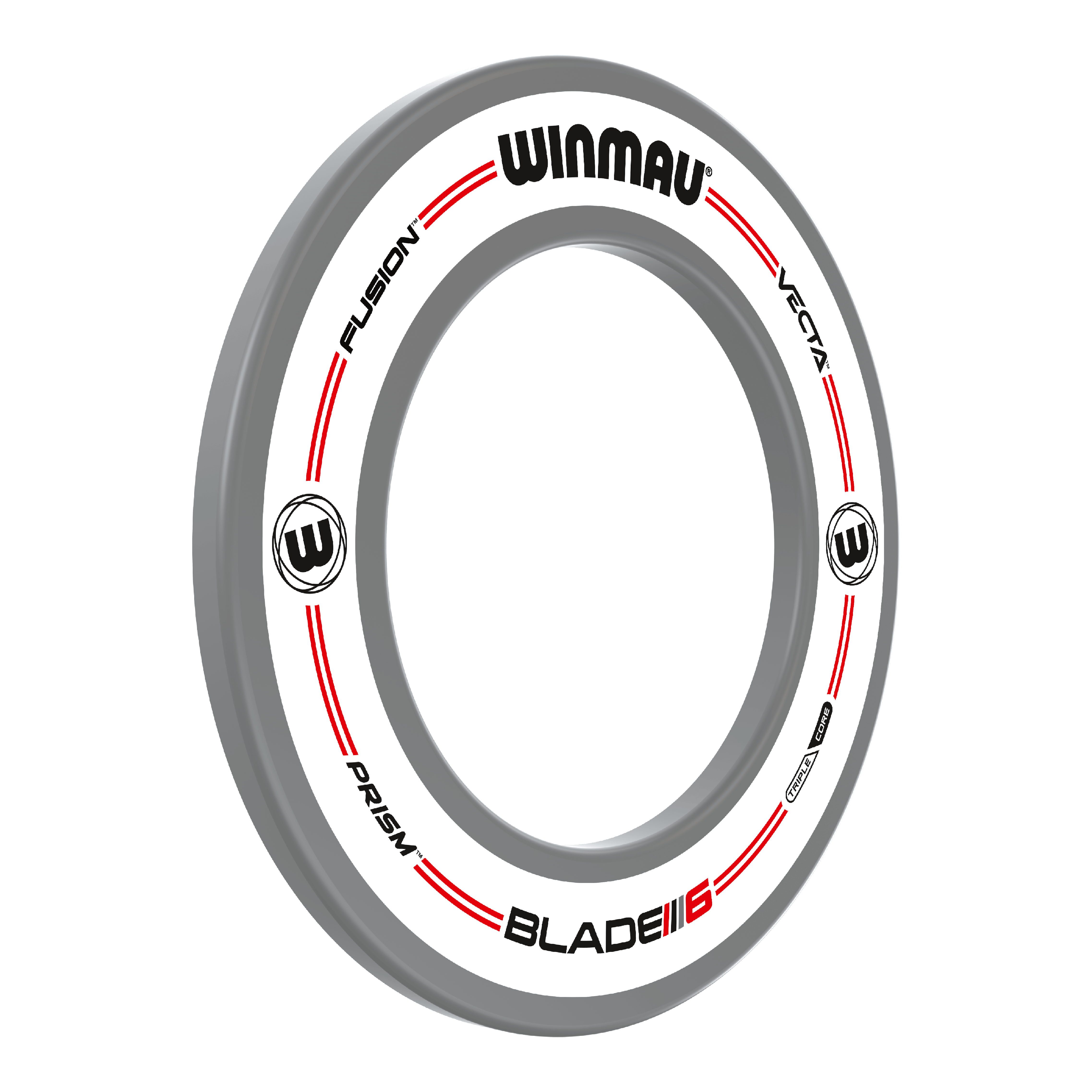 Das Bild zeigt den Winmau Pro-Line Original White Dartboard Surround. Der Dartboard-Surround ist rund, hauptsächlich weiß mit grauem Rand und roten Akzenten.