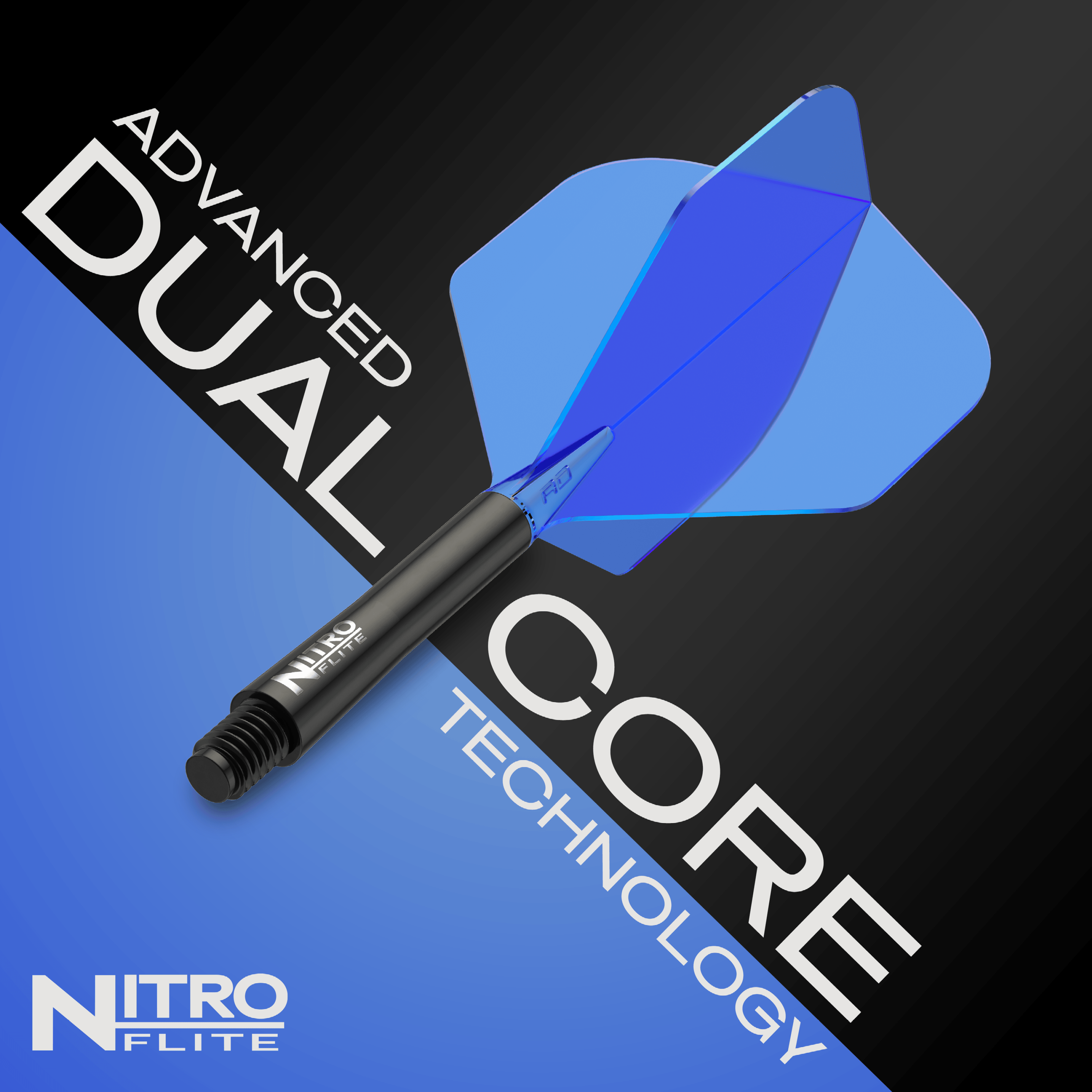 Red Dragon Nitroflite - Black Shaft Blue No. 2 Voli Das Bild zeigt ein Dart mit einem schwarzen Schaft und blauen Flights der Marke Nitroflite. Es hebt die fortschrittliche „Dual Core“-Technologie hervor.