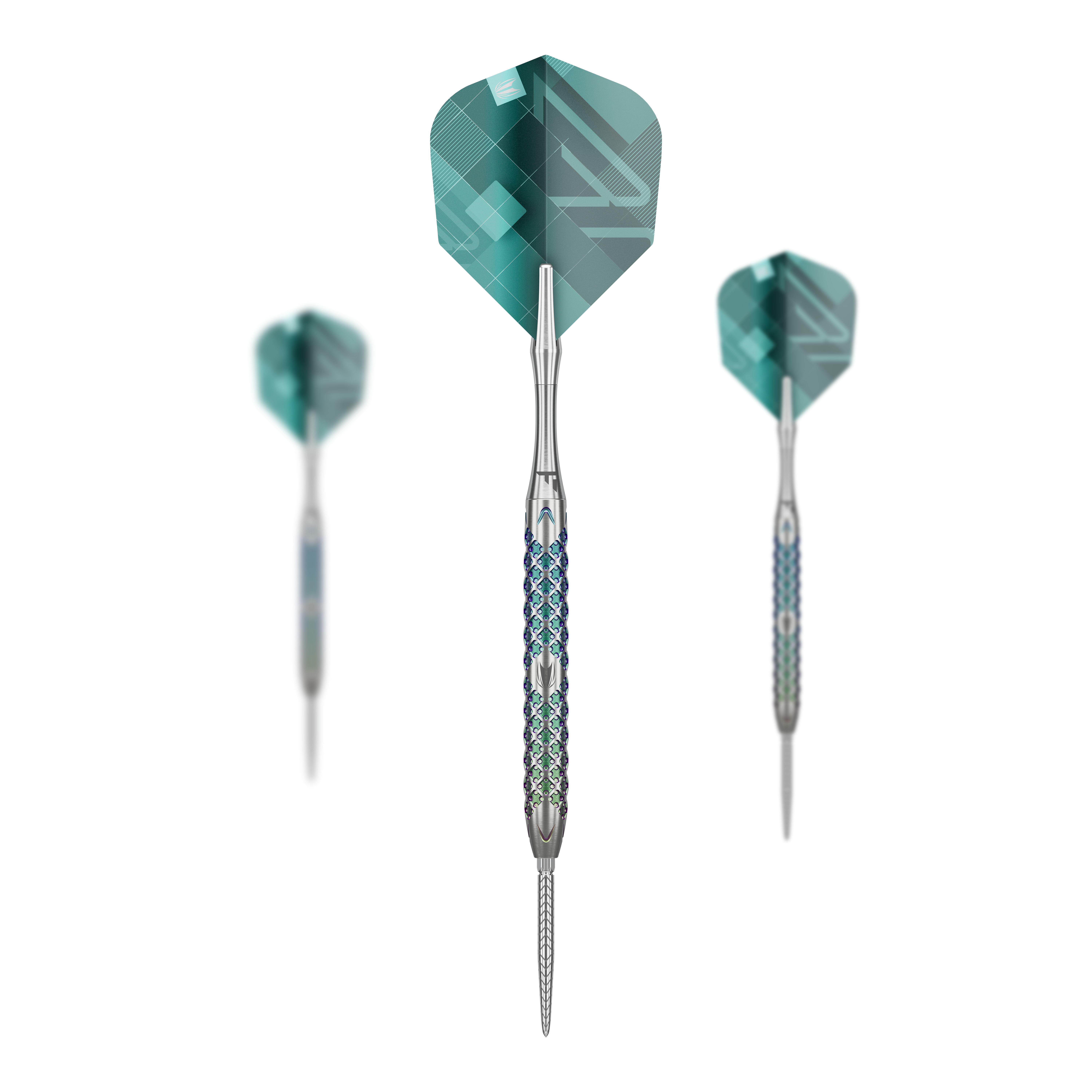 Freccette in acciaio Target Rove 01 Swiss Point Das Bild zeigt drei Steeldarts des Modells "Target Rove 01 Swiss Point". Die Darts haben silberne Spitzen und einen gemusterten, blauen und silbernen Griff sowie grünliche Flights.