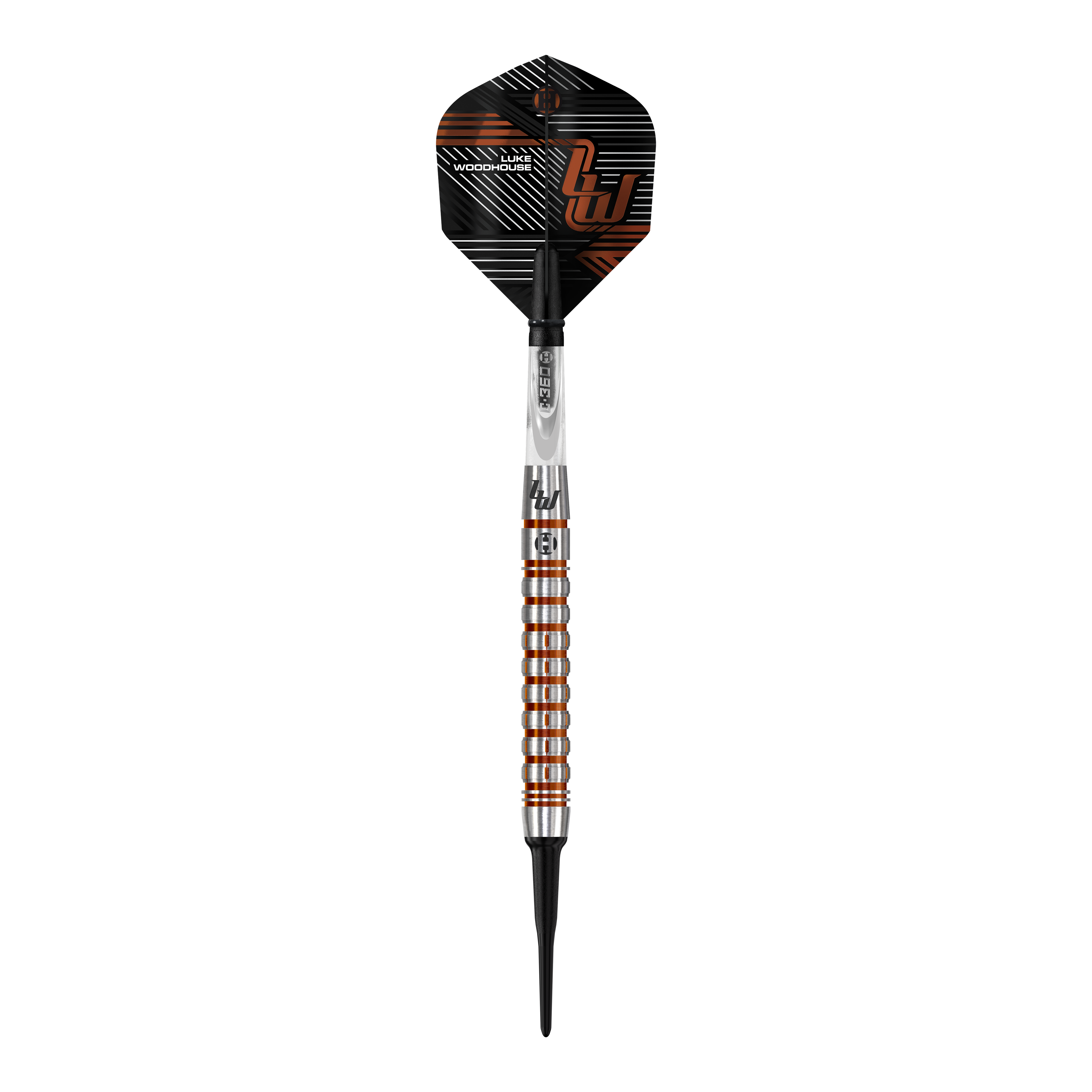 Freccette morbide Luke Woodhouse Series 2 di Harrow - 18 g Das Bild zeigt den Harrows Luke Woodhouse Series 2 Softdart mit einem Gewicht von 18g. Der Dartpfeil hat ein modernes, silber-orangenes Design mit schwarzen Akzenten.