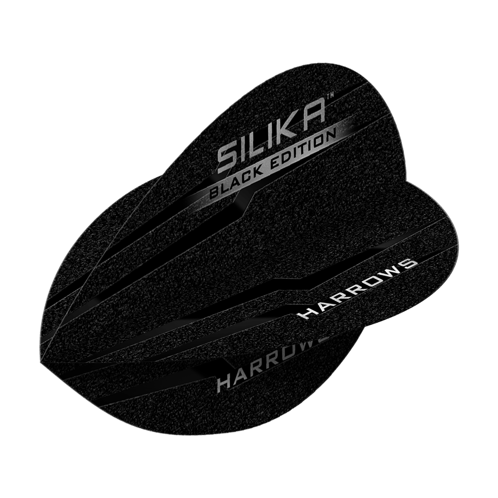 Voli di pere Harrow's Silica Black-Edition Das Bild zeigt die "Harrows Silika Black-Edition Pear Flights" in schwarzem Design. Die Flugblätter sind mit silbernen Schriftzügen verziert.