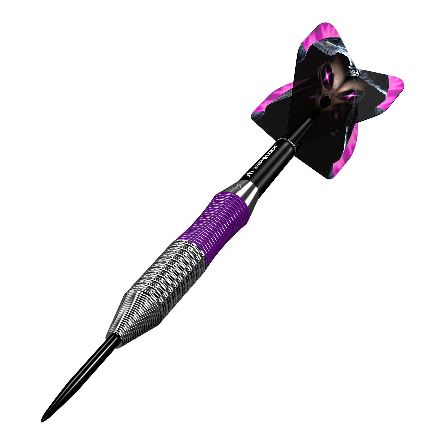 Freccette Mission Phantom in ottone e acciaio - 22 g Dies ist ein Mission Phantom Brass Steeldart mit einem Gewicht von 22 Gramm. Der Dart hat ein metallisches Griffstück mit lila Akzenten und einen auffälligen Flight mit einem schwarzen und lila Design.