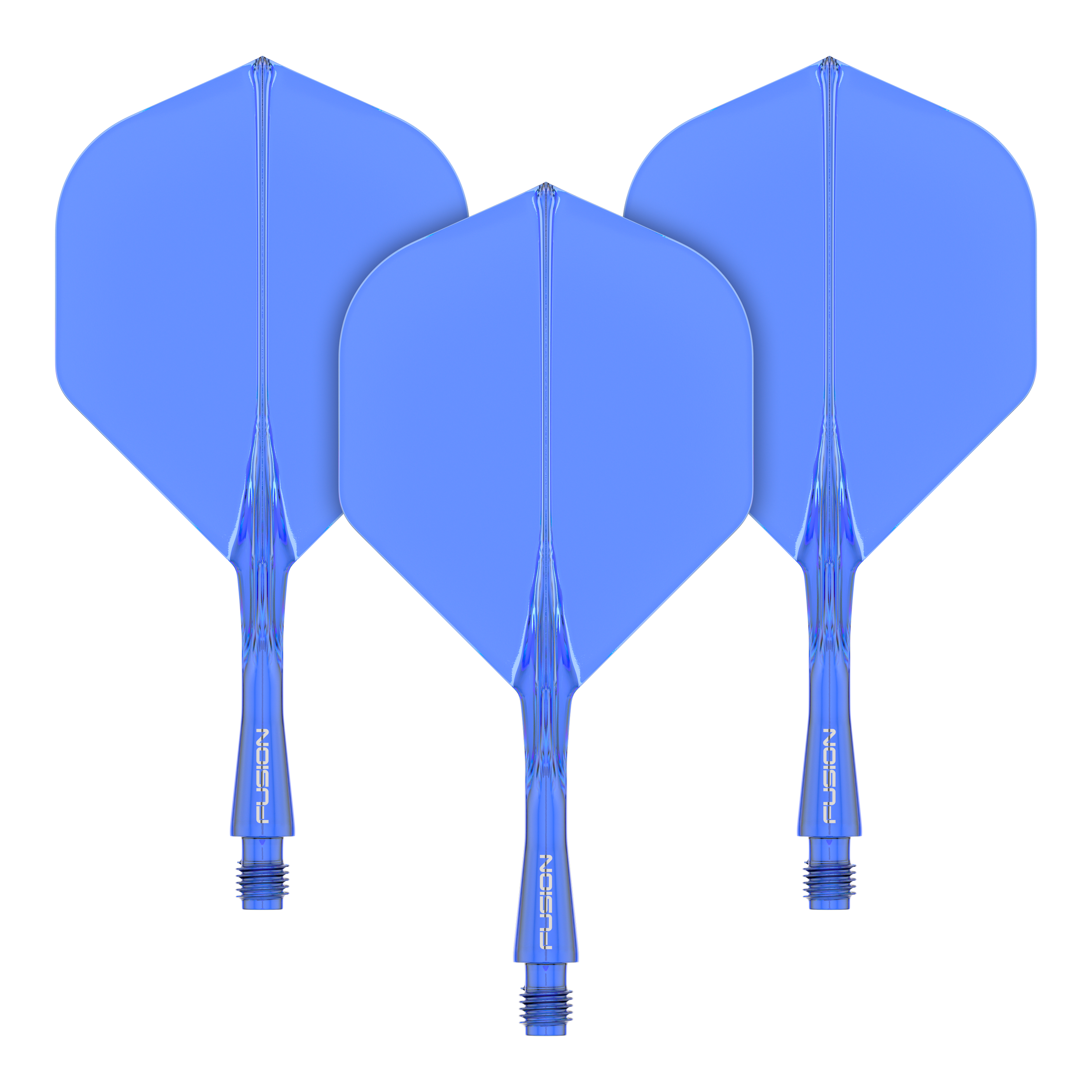 Sistema di alberi di volo Winmau Fusion Standard Blu Das Bild zeigt drei blaue Dart-Flights mit Schäften des Winmau Fusion Flight Shaft Systems. Sie sind in einer Reihe angeordnet und jeder Schaft ist 22 mm lang.