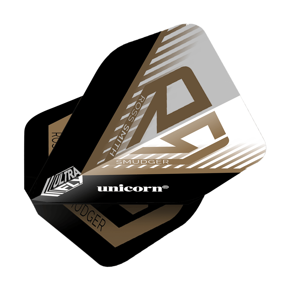 Alette Unicorn Ultrafly 100 Ross Smith Smudger AR1 Das Bild zeigt die Dartflights "Unicorn Ultrafly 100 Ross Smith Smudger AR1". Die Flights sind schwarz, weiß und gold gestaltet und tragen den Namen des Spielers sowie das Unicorn-Logo.