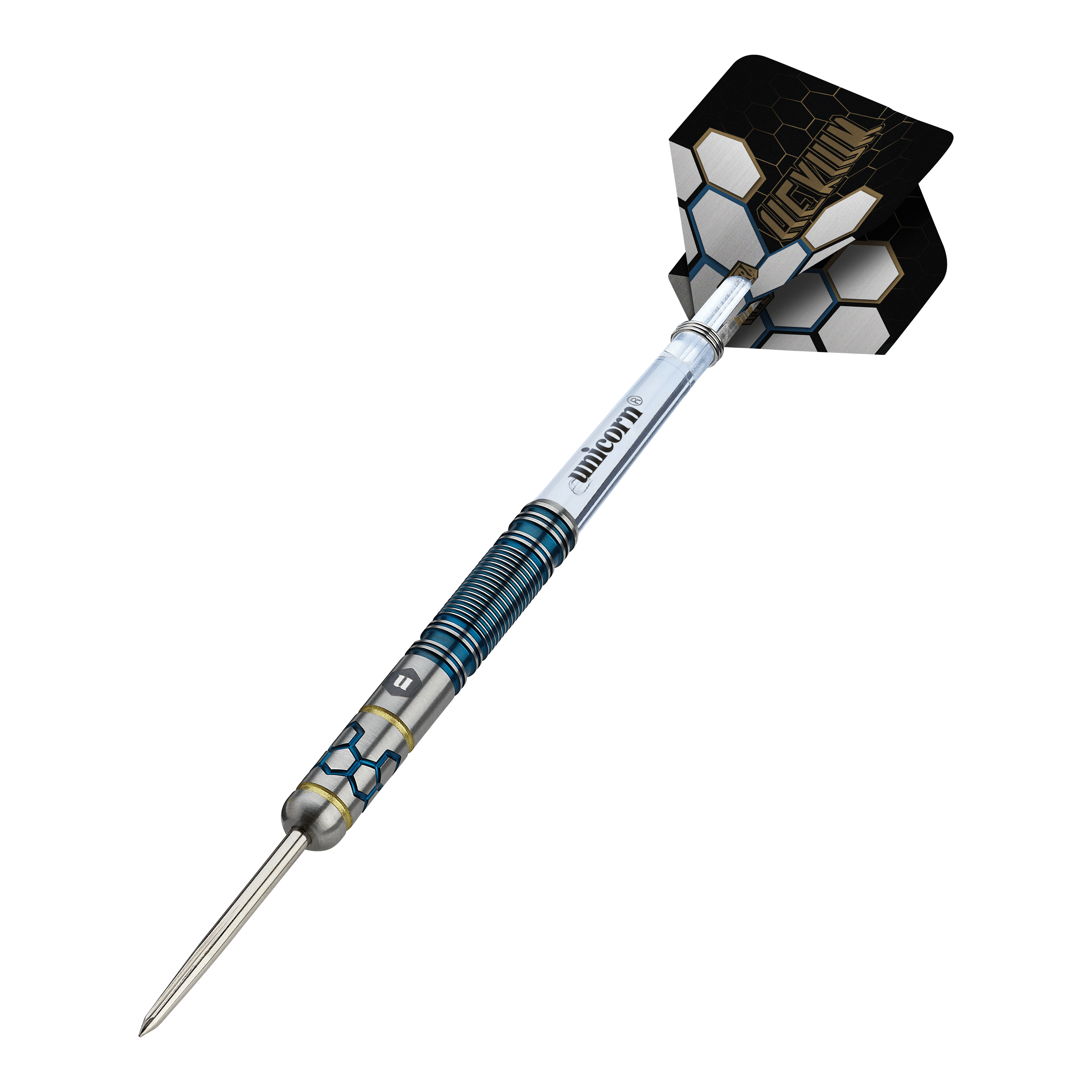 Freccette in acciaio Unicorn Hexium Style 02 blu e oro Das Foto zeigt die Unicorn Hexium Style 02 Blue & Gold Steeldarts. Es handelt sich um hochwertige Steeldarts in Blau und Gold.