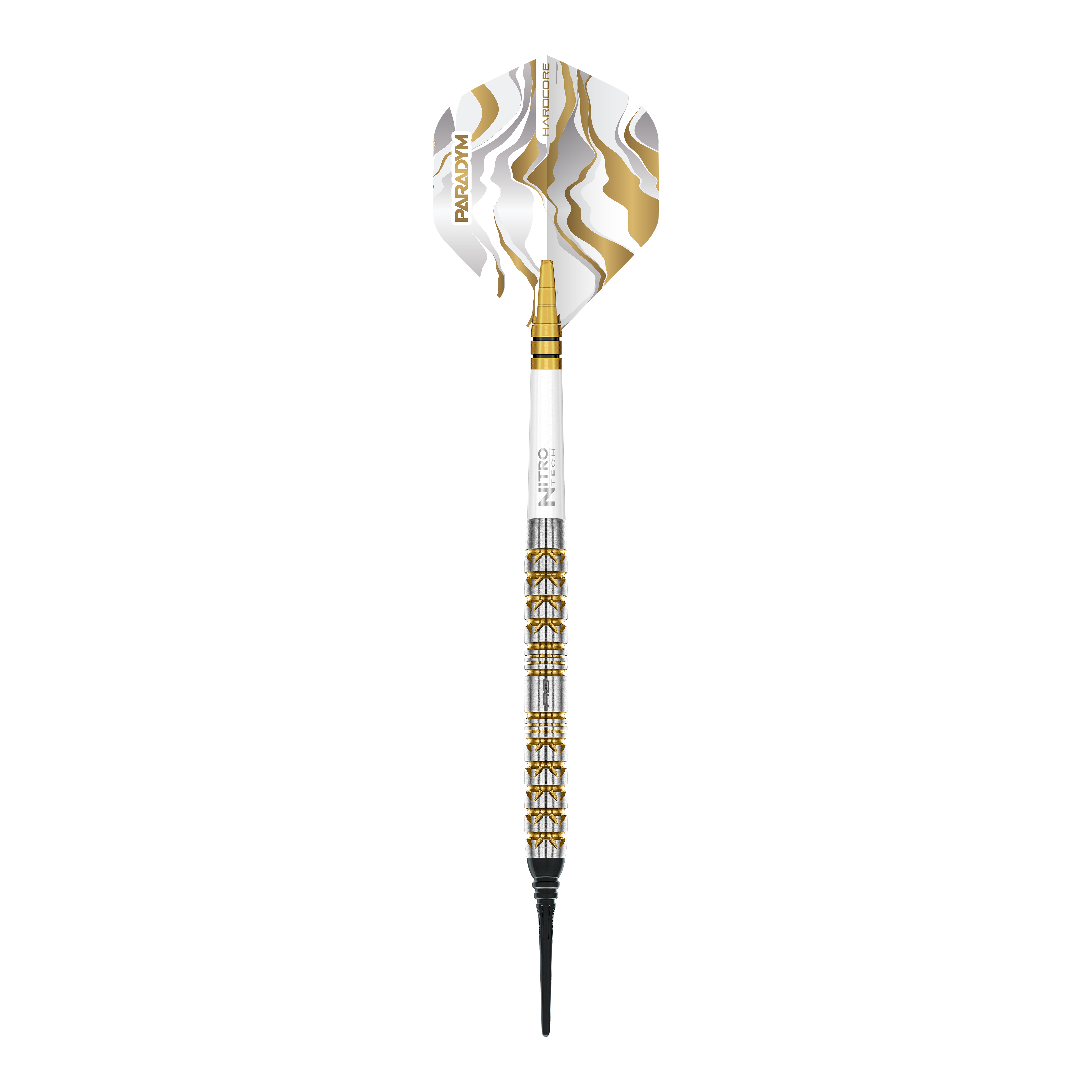 Das Bild zeigt die Red Dragon Paradym Gold Parallel Softdarts mit einem Gewicht von 20g. Die Darts sind goldfarben und haben ein modernes Design.