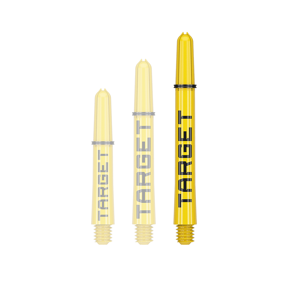 Aste Target Pro Grip TAG - 3 set - Giallo Das Bild zeigt drei gelbe Dartschäfte in verschiedenen Längen. Auf jedem Schaft steht das Wort "TARGET" in schwarzer Schrift.