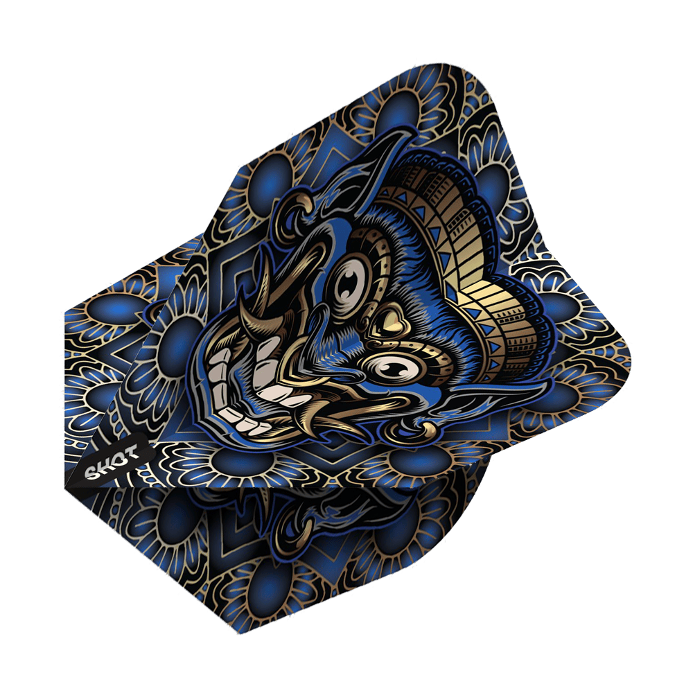 Colpo di arma tribale Java No6 Voli Das Bild zeigt ein Dartflight mit einem auffälligen Tribal-Design in Blau, Gold und Schwarz. In der Mitte ist ein stilisierter, maskenartiger Kopf mit vielen Details zu sehen.