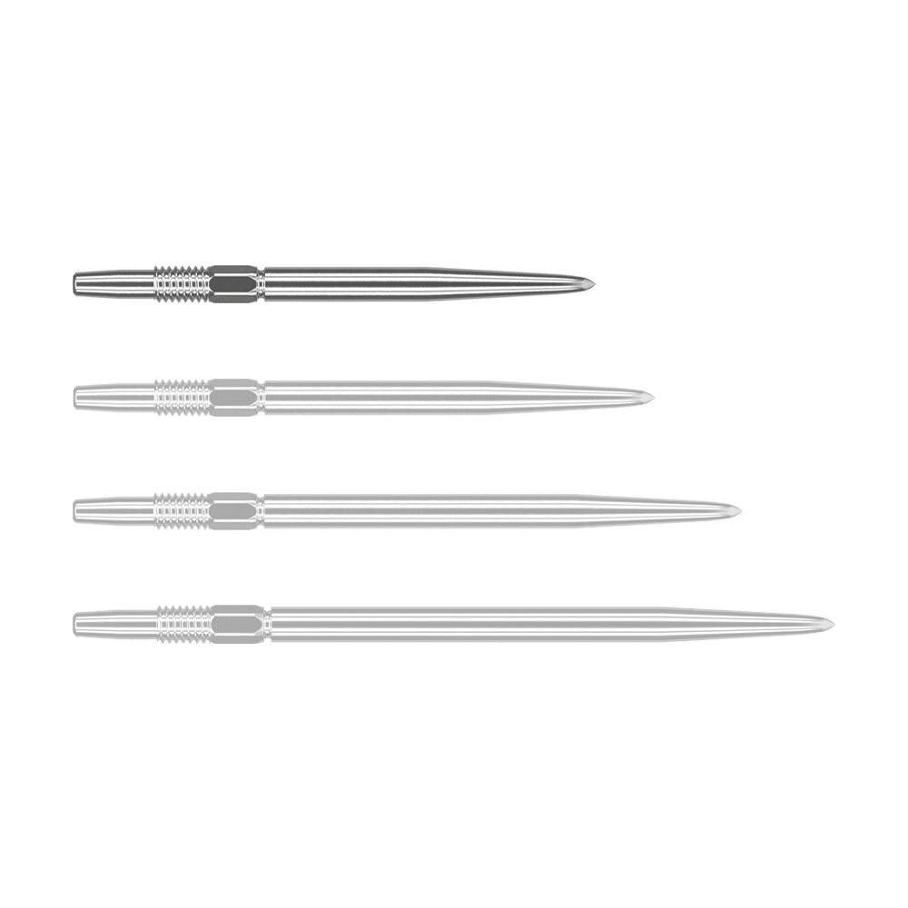 Punte per freccette Target Swiss Point Silver Das Bild zeigt vier silberne Dartspitzen, die nebeneinander liegen. Jede Spitze hat ein geriffeltes Ende und ist schlank und spitz zulaufend.