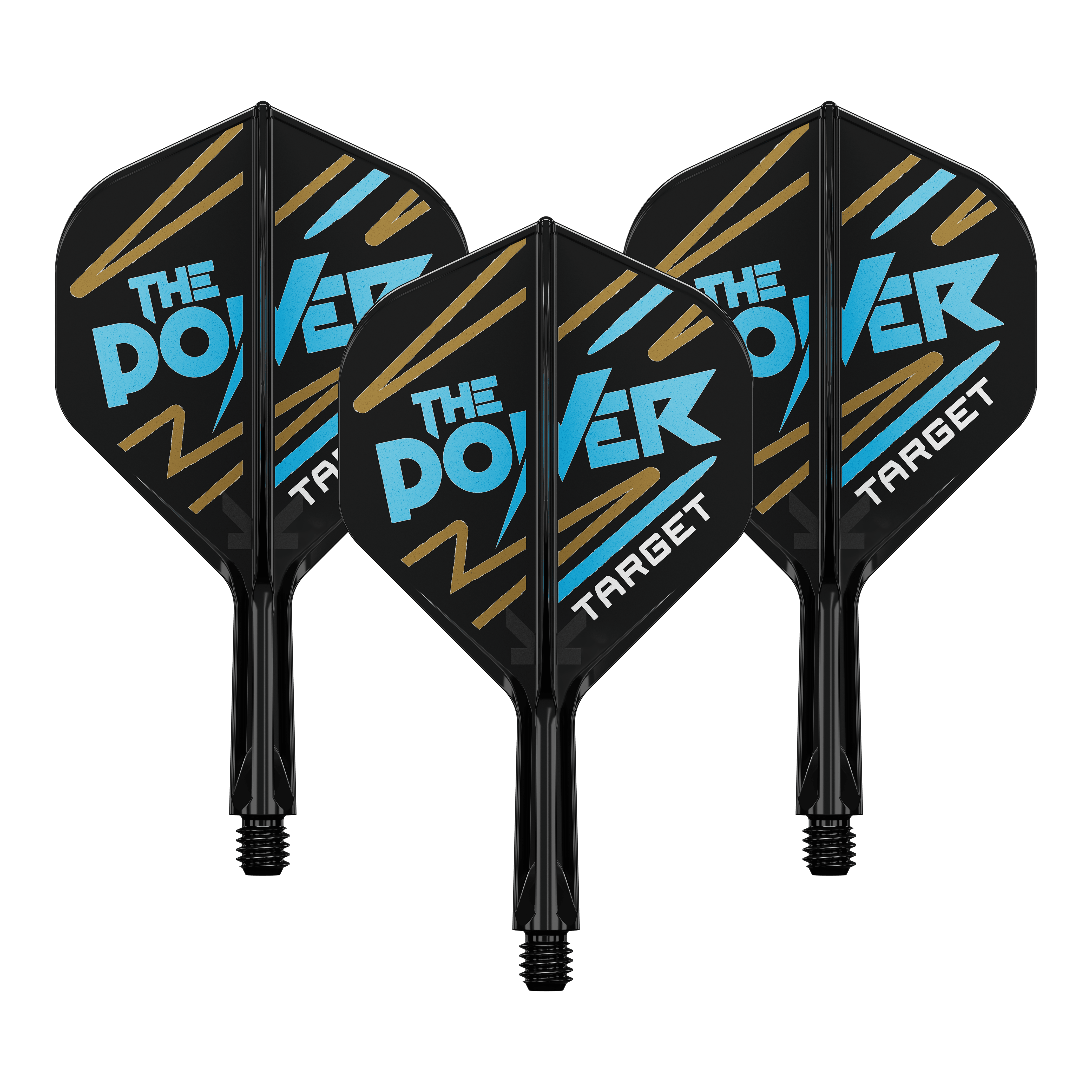Sistema di alberi di volo standard Target K-Flex Phil Taylor No2 Auf dem Bild sind drei Dartflights mit schwarzem Hintergrund zu sehen. Auf den Flights steht in blauer und weißer Schrift "THE POWER" und unten "TARGET".