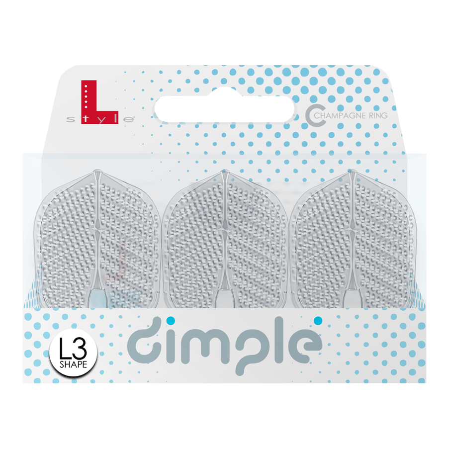 Alette stile L Dimple Champagne L3PRO Shape Das Bild zeigt eine Verpackung mit drei L-Style Flights Dimple im L3PRO Shape. Die Verpackung ist weiß mit blauen Punkten und trägt den Schriftzug "dimple".