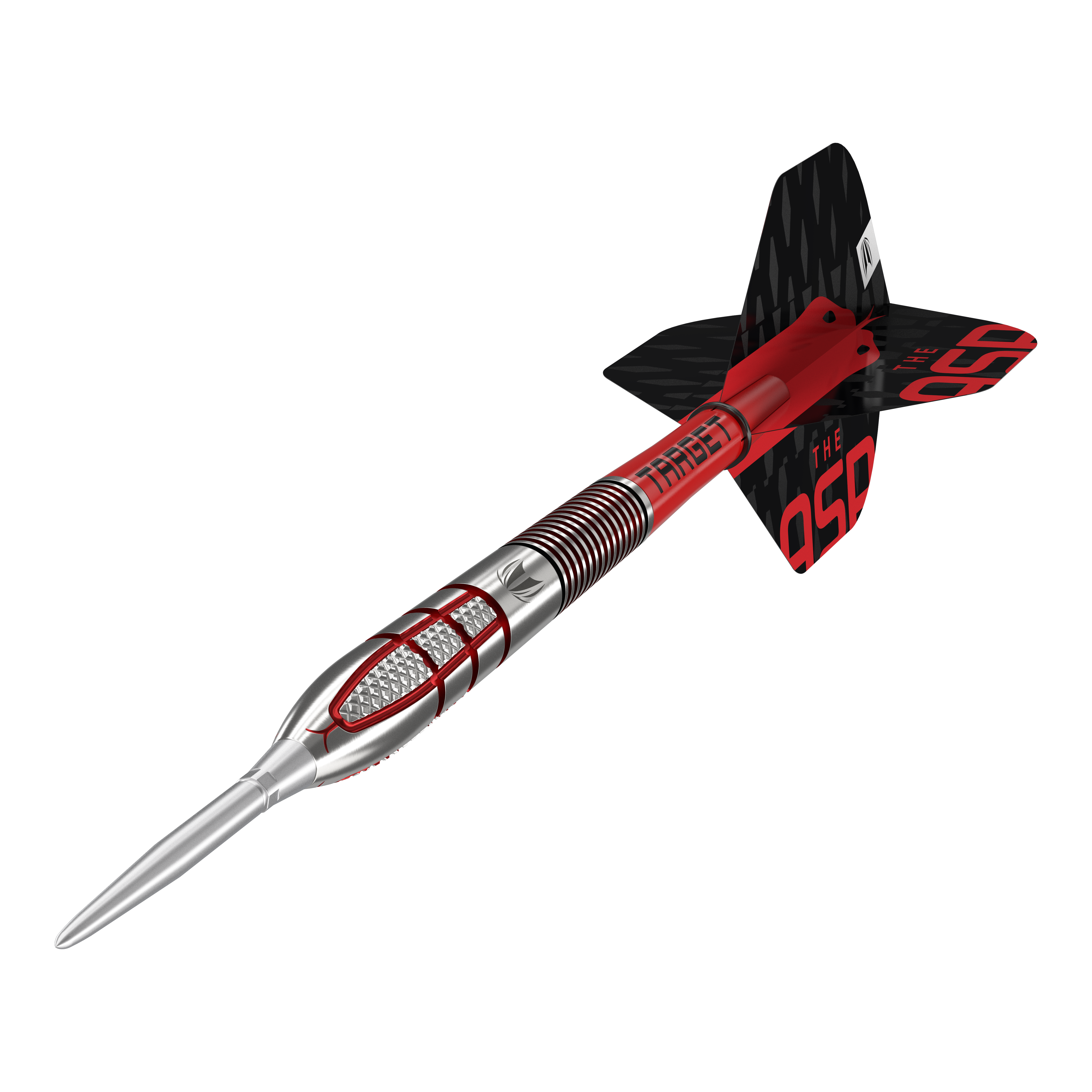 Freccette in acciaio Target Nathan Aspinall GEN2 Swiss Point Das Bild zeigt einen modernen Steeldartpfeil mit silberner Spitze und rot-schwarzem Schaft. Auf den Flights steht in roten Buchstaben "THE ASP".