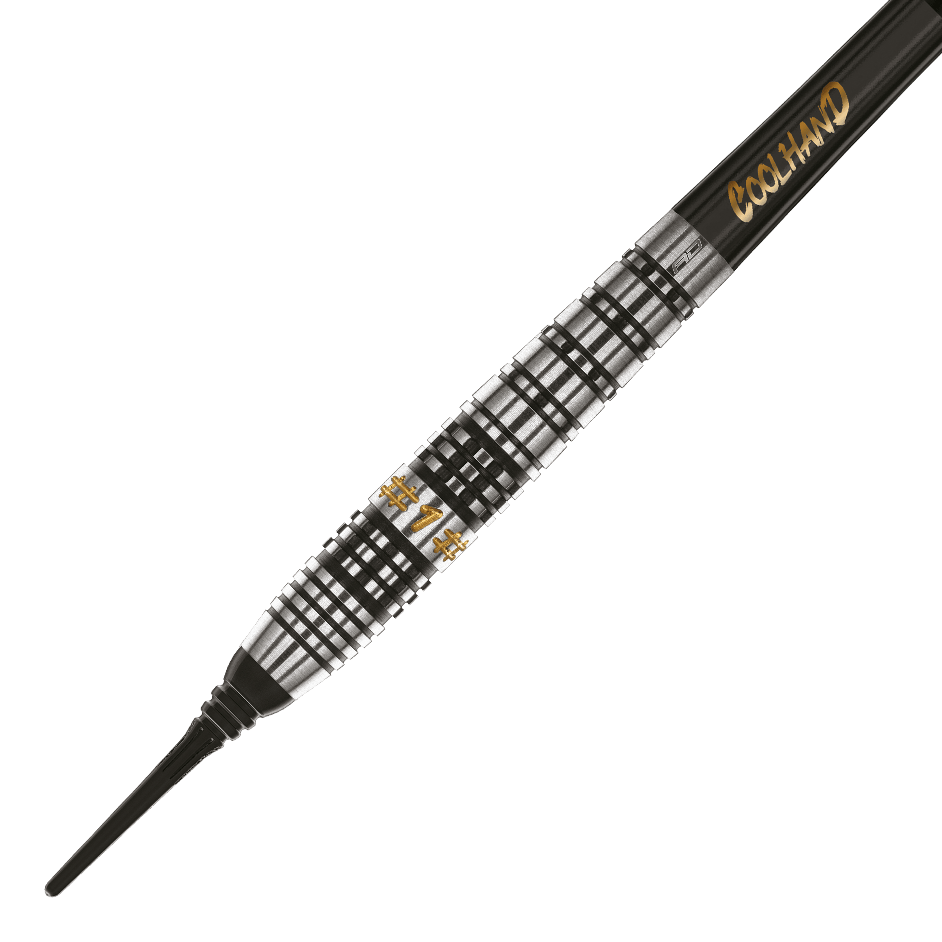 Freccette morbide Red Dragon Luke Humphries Prestige - 20 g Das Bild zeigt einen Softdart namens "Red Dragon Luke Humphries Prestige Softdarts - 20g". Der Dart hat ein silber-schwarzes, geriffeltes Design mit goldener Schrift.