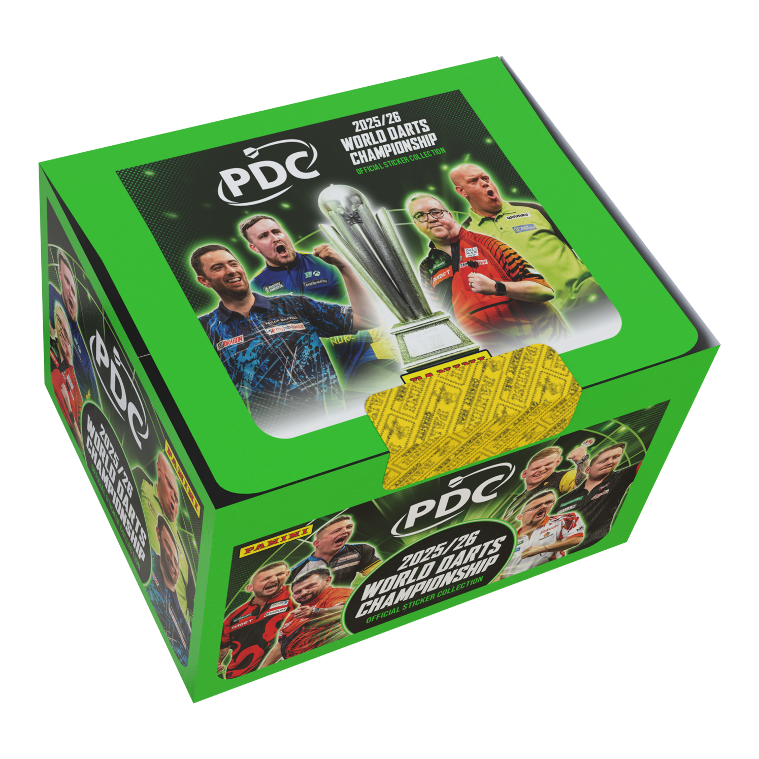 Panini PDC World Darts Championship 2025/26 - Scatola di adesivi con 65 pacchetti Zu sehen ist die Panini PDC World Darts Championship 2025/26 Stickerbox mit 65 Tüten. Die Stickerbox enthält viele Tüten zum Tauschen und Kleben.