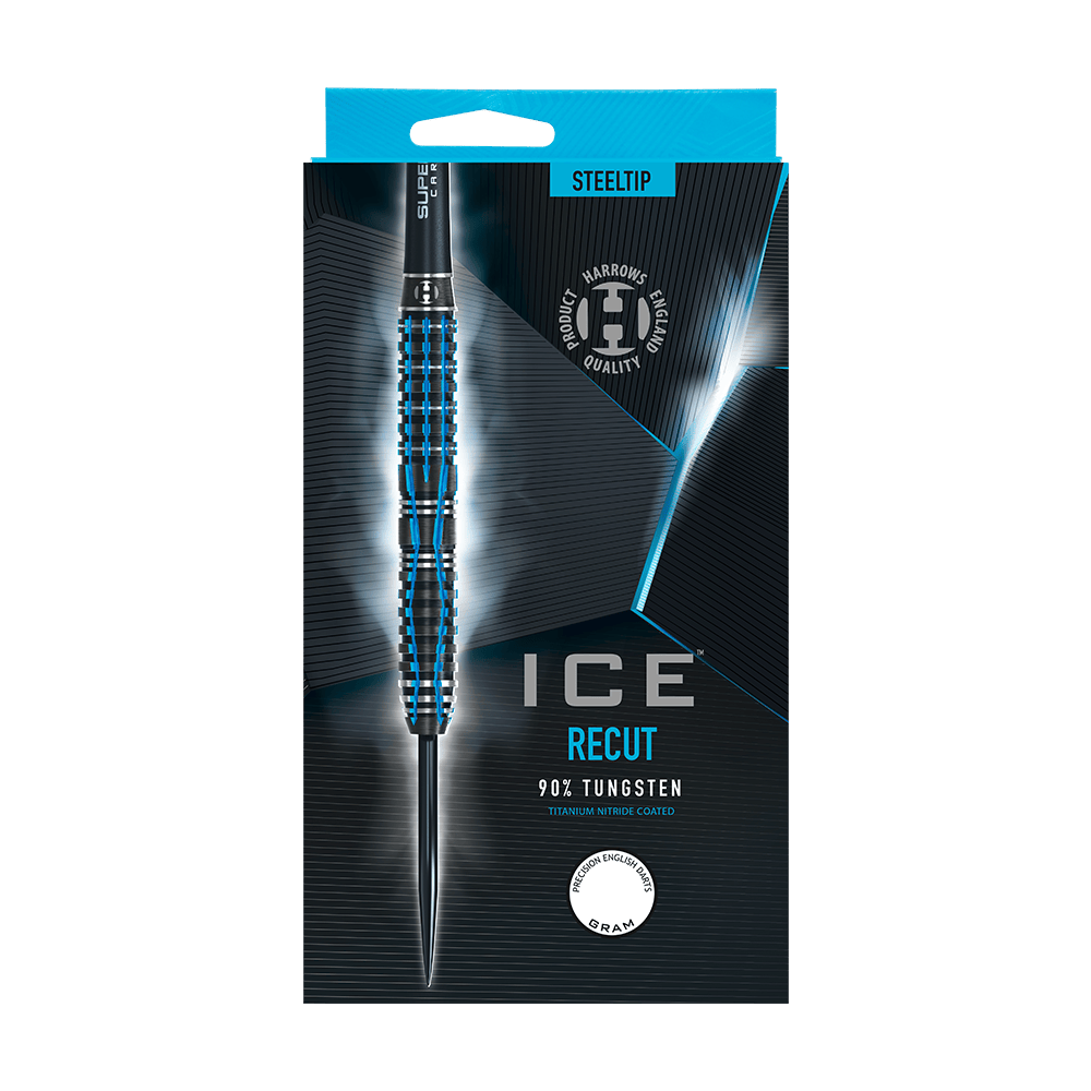 HA28917_Harrows_Ice_Recut_Steeldarts_3 Das Bild zeigt die Verpackung der "Harrows Ice Recut Steeldarts". Der Dartpfeil besteht zu 90 % aus Wolfram und ist mit blauen Akzenten gestaltet.