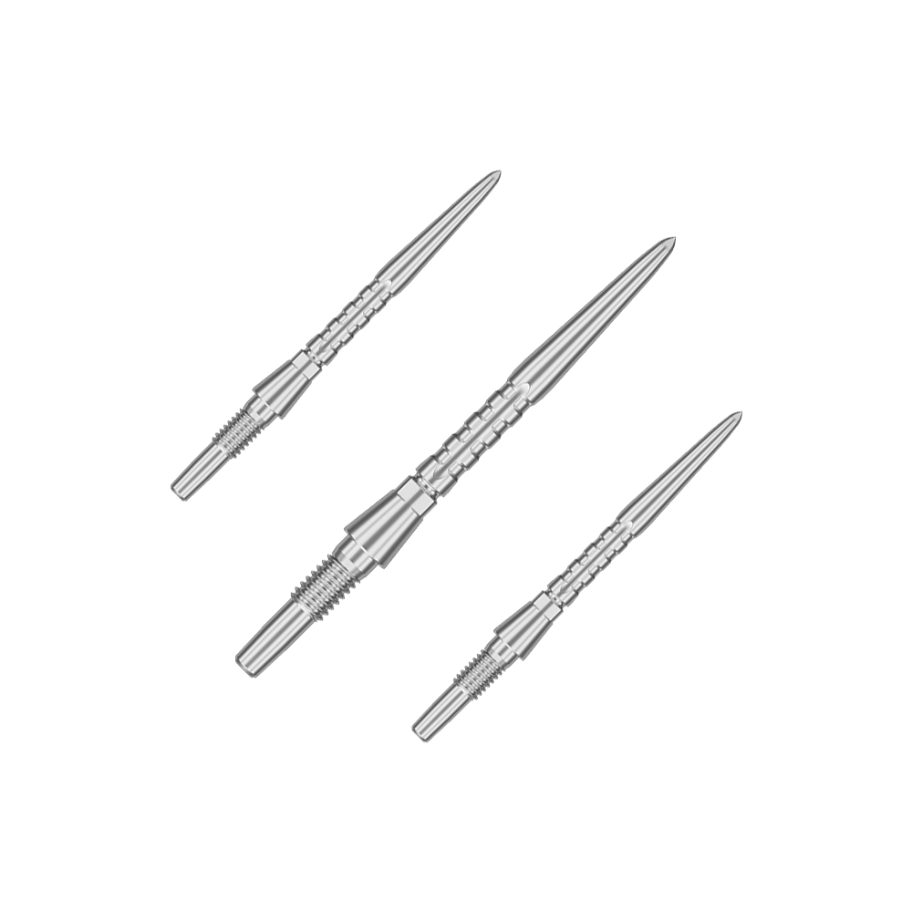 Punte per freccette in acciaio Target Swiss Point Storm Surge - argento Auf dem Bild sind drei silberne Steeldartspitzen abgebildet. Sie sind schmal, metallisch und haben ein präzises, geriffeltes Design.