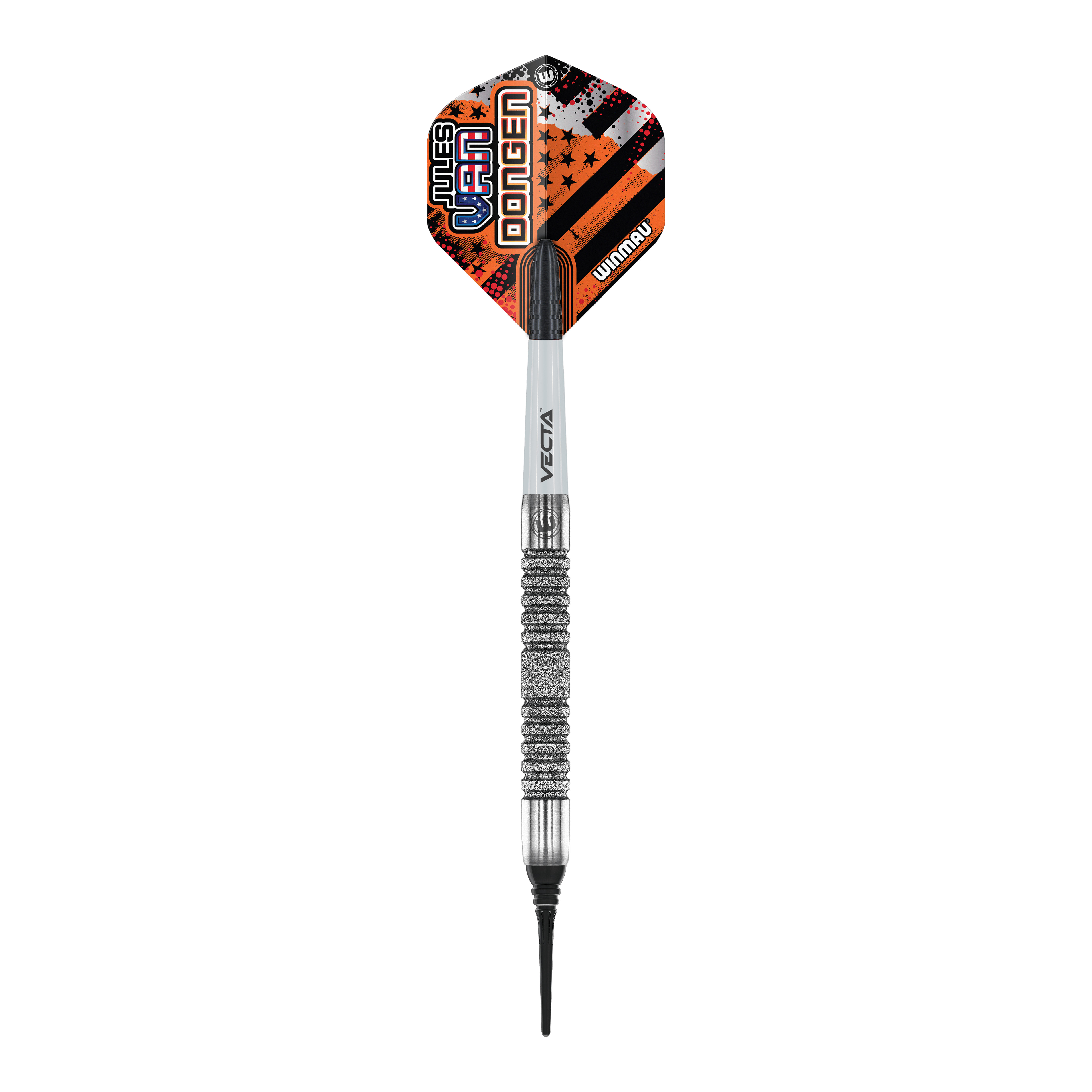 Freccette morbide Winmau Jules Van Dongen - 20g Das Bild zeigt einen Winmau Jules Van Dongen Softdart mit einem Gewicht von 20 Gramm. Der Dartpfeil hat ein auffälliges Flight-Design in Orange, Schwarz und Weiß mit dem Namen des Spielers darauf.